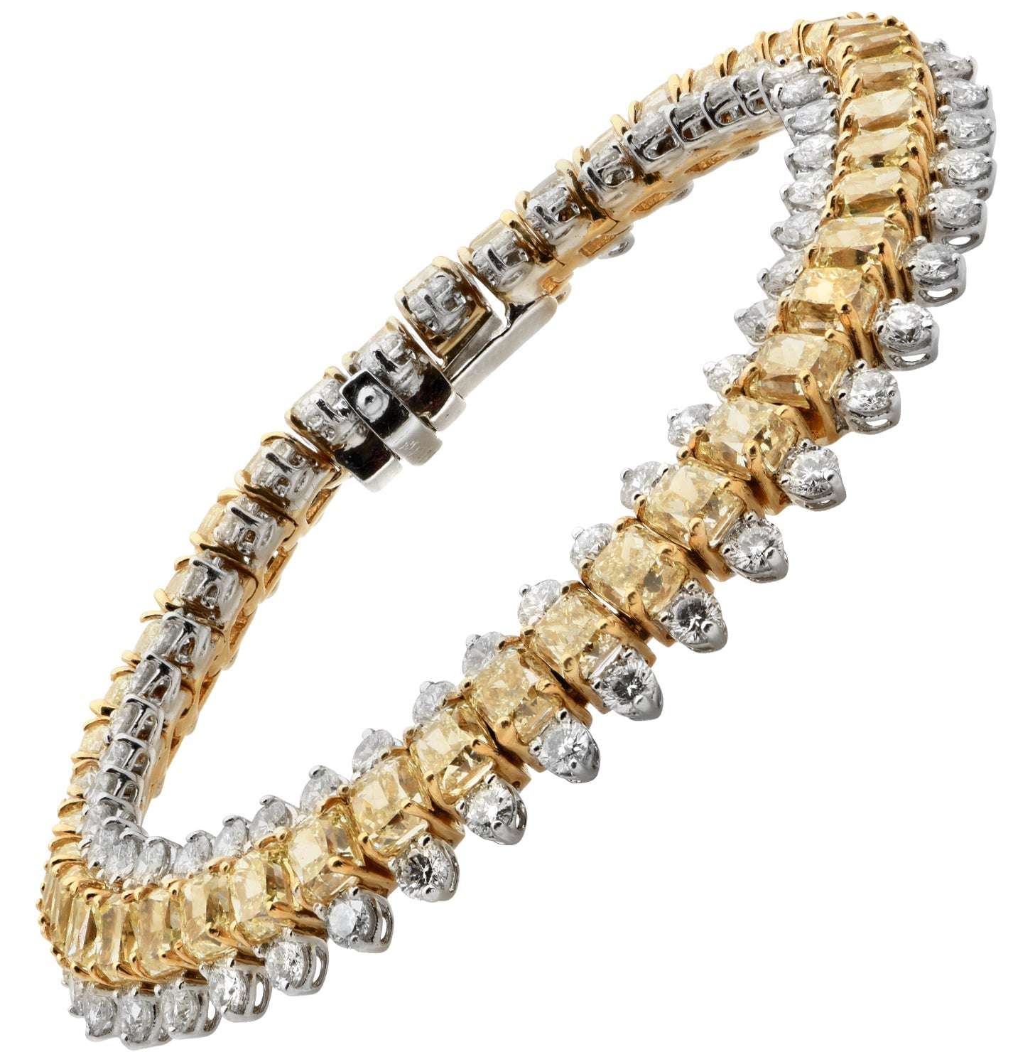 Side view of the VIVID Color Diamond Bracelet, meticulously crafted with a blend of fancy yellow and white diamonds in 18K gold and platinum, epitomizing luxury and sophistication by Vivid Diamonds.