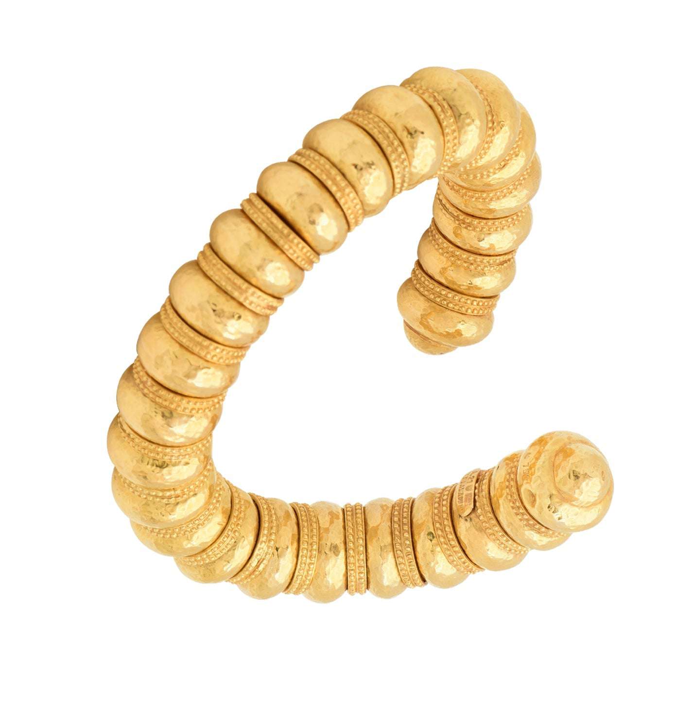 Lalaounis 18K Yellow Gold Hammered Bangle V48214 by Vivid Diamonds, emphasizing a beautifully crafted bangle with a bold and sophisticated design, perfect for enhancing any jewelry collection.