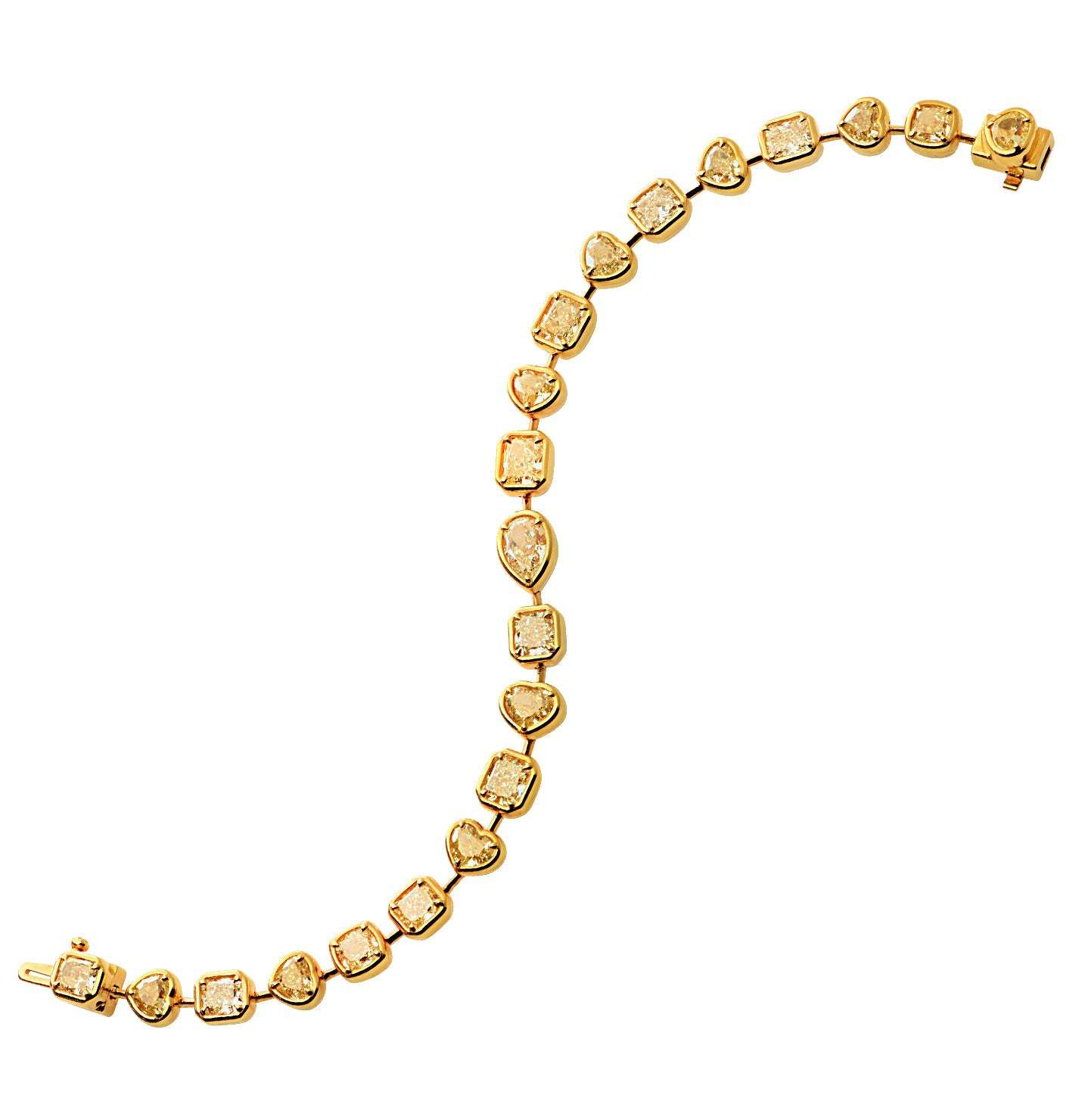 Breathtaking 12.71ct Yellow Diamond Bracelet in radiant 18K Yellow Gold by Vivid Diamonds, showcasing 21 mixed shape yellow diamonds in a luxurious design.
