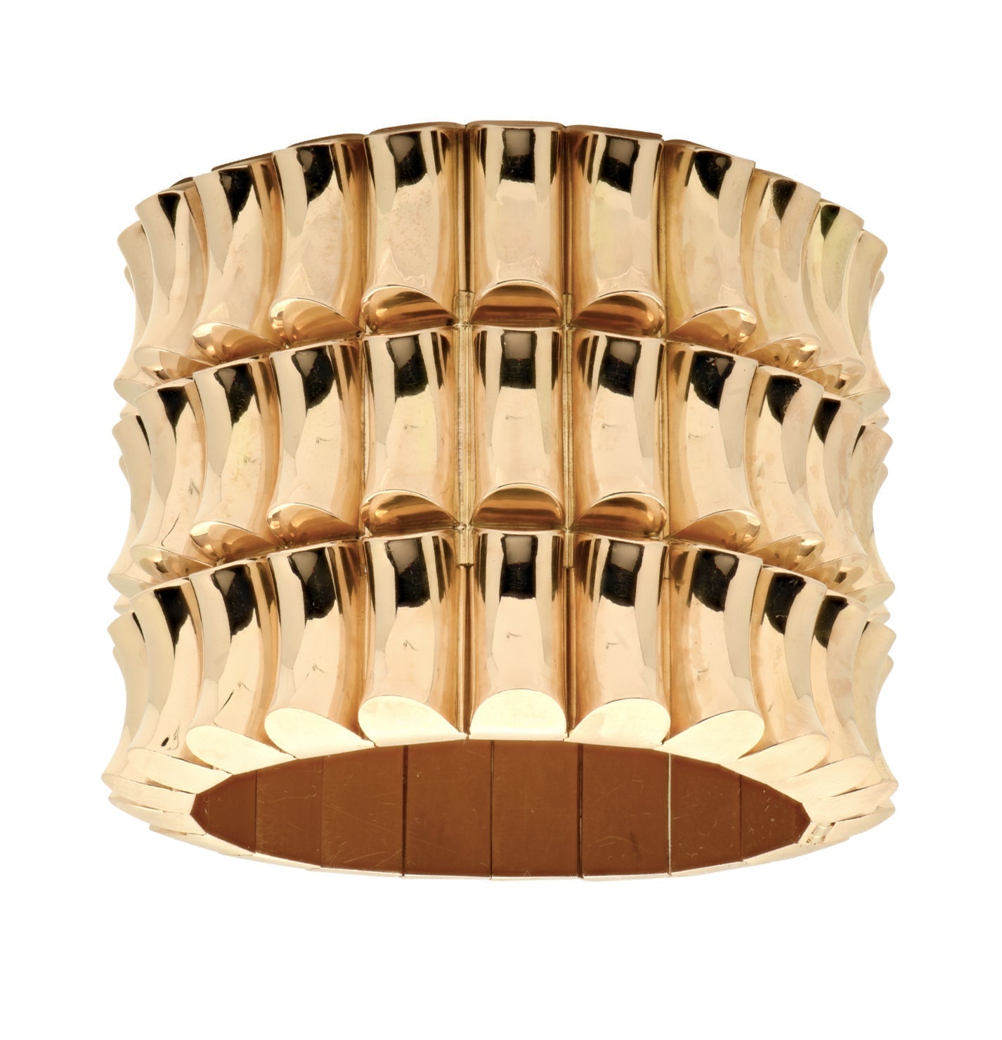 18K Yellow Gold Bracelet by Vivid Diamonds, featuring an architectural layered design, a bold statement piece weighing 217 grams that exemplifies luxury and sophistication.