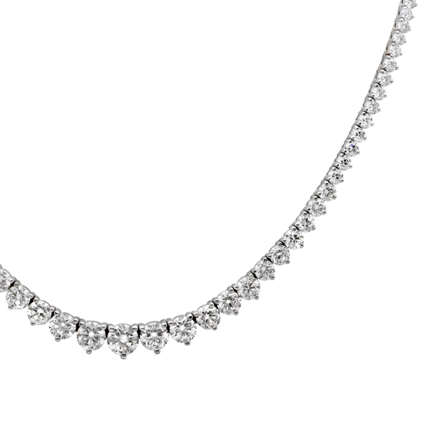 Exquisite display of the diamond necklace V48490 by Vivid Diamonds, highlighting the elegant arrangement of sparkling round brilliant diamonds.