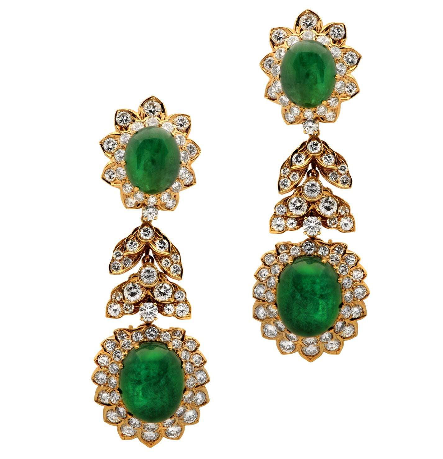David Webb 18K Yellow Gold Emerald Cabochon & 9 Carat Diamond Dangle Earrings, showcasing exquisite craftsmanship with vibrant emerald cabochons and sparkling diamonds, perfect for elegant occasions by Vivid Diamonds.