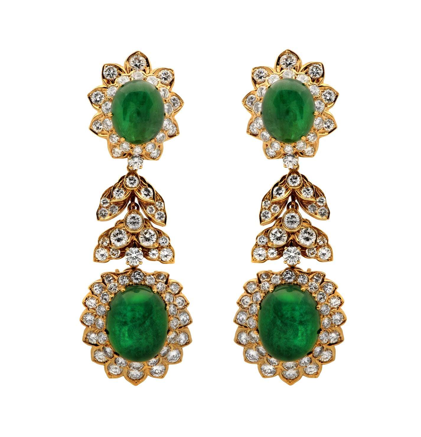 David Webb 18K Yellow Gold Emerald Cabochon & 9 Carat Diamond Dangle Earrings, featuring a luxurious design with shimmering diamonds and rich emeralds, ideal for sophisticated styling by Vivid Diamonds.