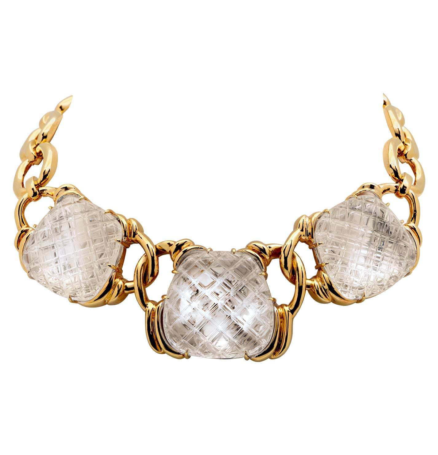 Elegant David Webb 18K Yellow Gold & Platinum Rock Crystal Necklace displaying hand-carved rock crystals and a luxurious chain-link design, crafted by Vivid Diamonds.