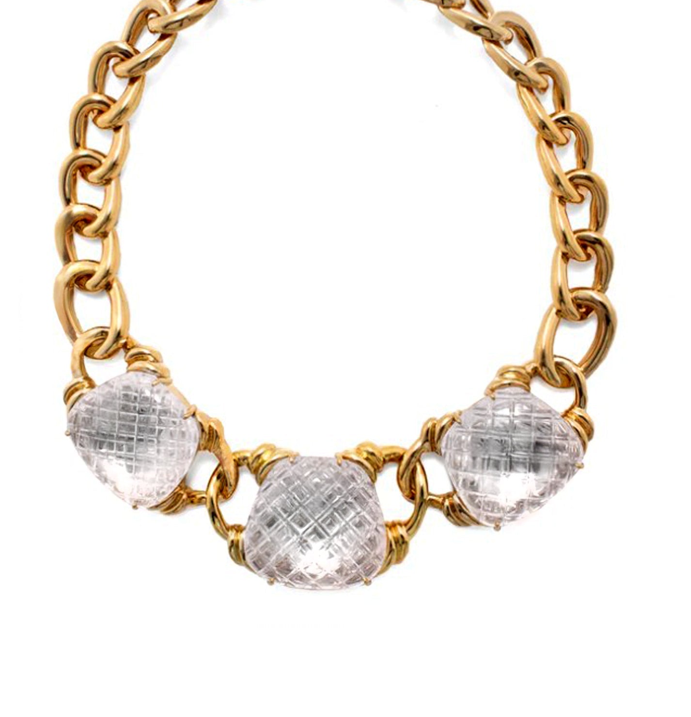 David Webb 18K Yellow Gold & Platinum Rock Crystal Necklace, a luxurious handcrafted statement piece featuring an exquisite chain-link design and three hand-carved rock crystal centerpieces, from Vivid Diamonds.