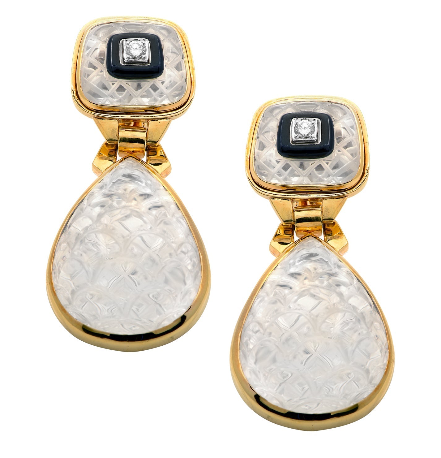 David Webb 18K Yellow Gold & Platinum Rock Crystal Dangle Earrings with Diamonds - V48549 showcasing carved rock crystal drops and diamond accents in an elegant design by Vivid Diamonds.