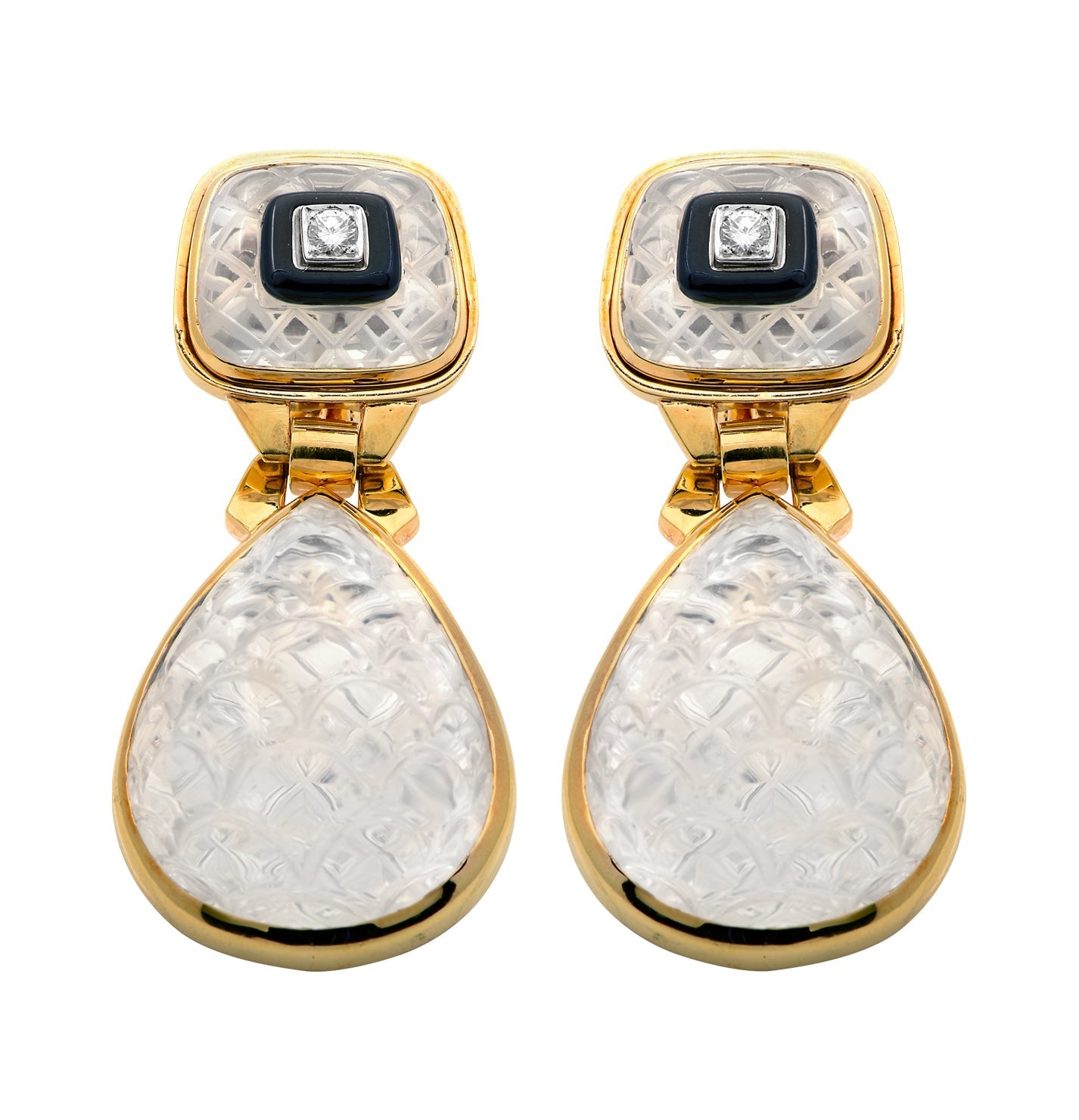 Close-up of David Webb 18K Yellow Gold & Platinum Rock Crystal Dangle Earrings with Diamonds - V48549 featuring intricate detailing and luxurious materials, designed by Vivid Diamonds.