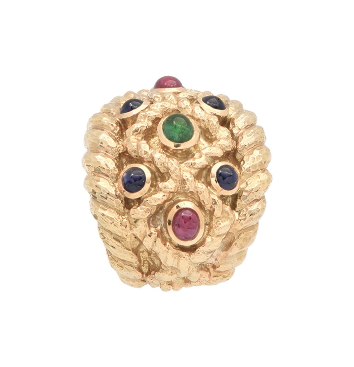 Luxurious David Webb 18K Gold Sapphire, Emerald & Ruby Cabochon Earrings showcasing a stunning blend of vibrant gemstones, crafted by Vivid Diamonds, with a unique hammered gold design that embodies elegance.