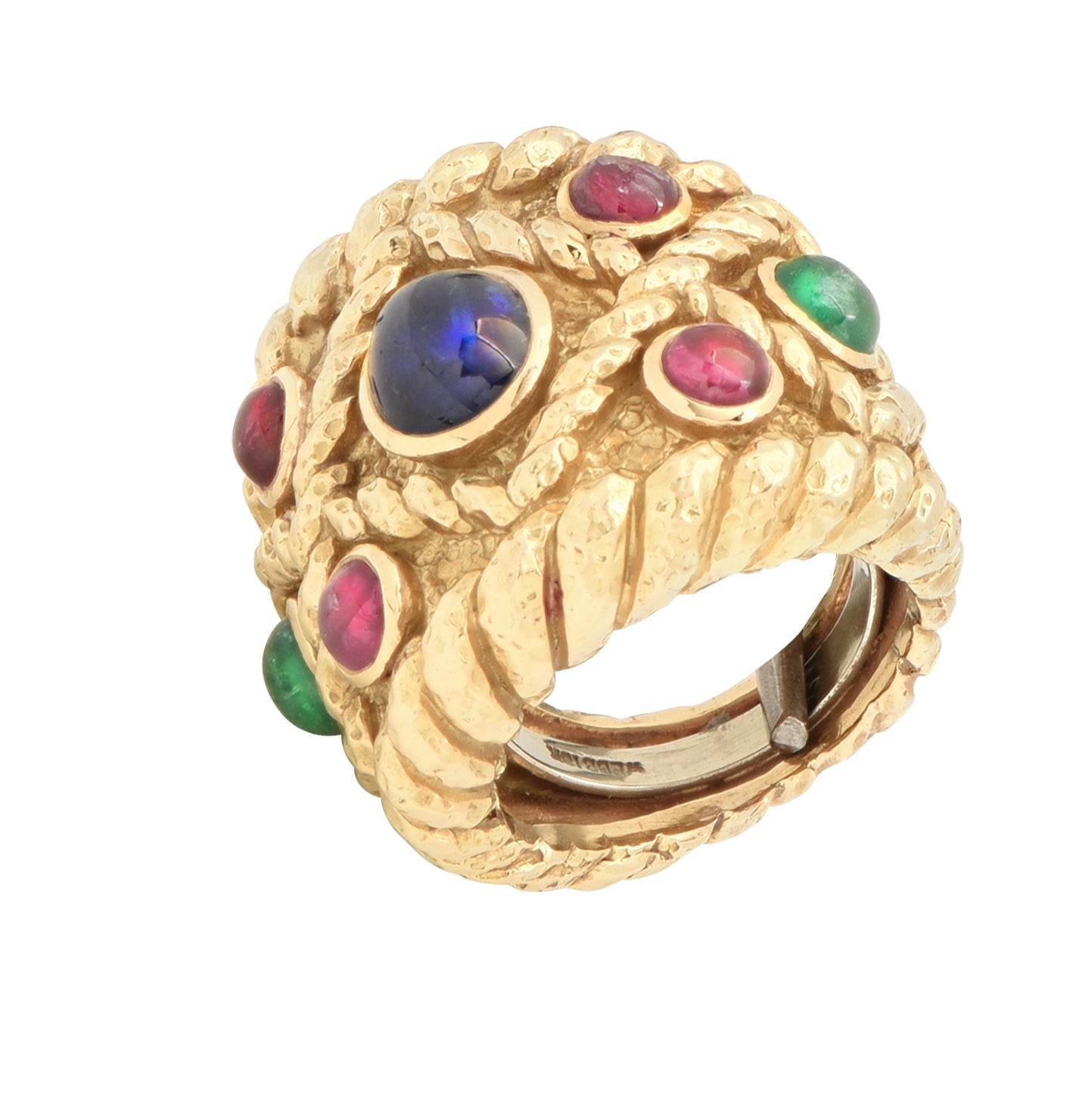David Webb 18K Yellow Gold Ring featuring 2 Emeralds, 4 Rubies, and 1 Sapphire - 7.46 Carat Masterpiece by Vivid Diamonds, showcasing a unique hammered gold design with vibrant gemstones for a luxurious finish.