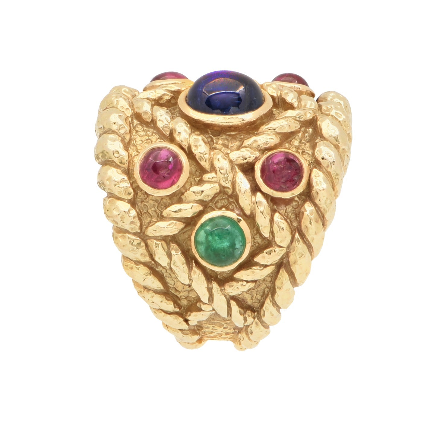 Stunning David Webb 18K Yellow Gold Ring adorned with emeralds, rubies, and a sapphire, elegantly designed with a unique texture, offered by Vivid Diamonds.