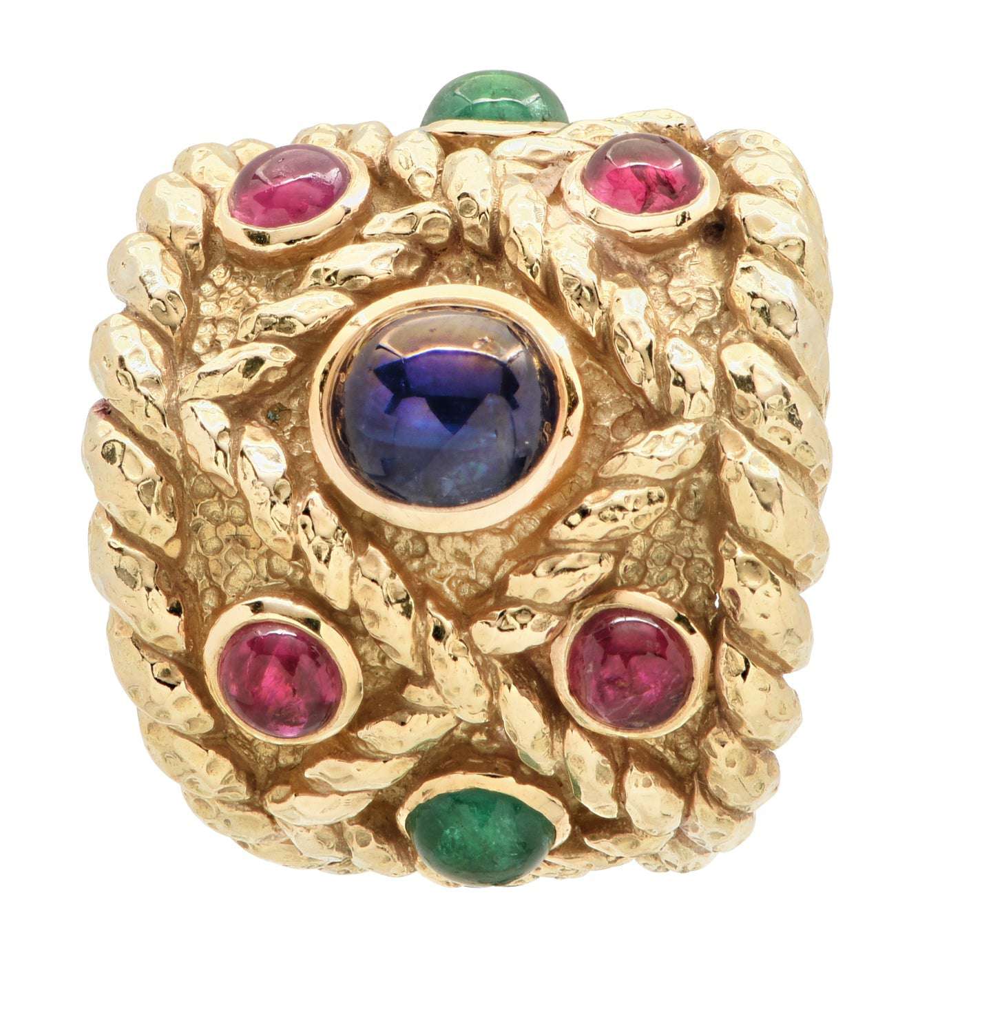 Luxury David Webb 18K Yellow Gold Ring featuring vibrant emeralds, rubies, and a sapphire, showcasing intricate hammered design, available at Vivid Diamonds.