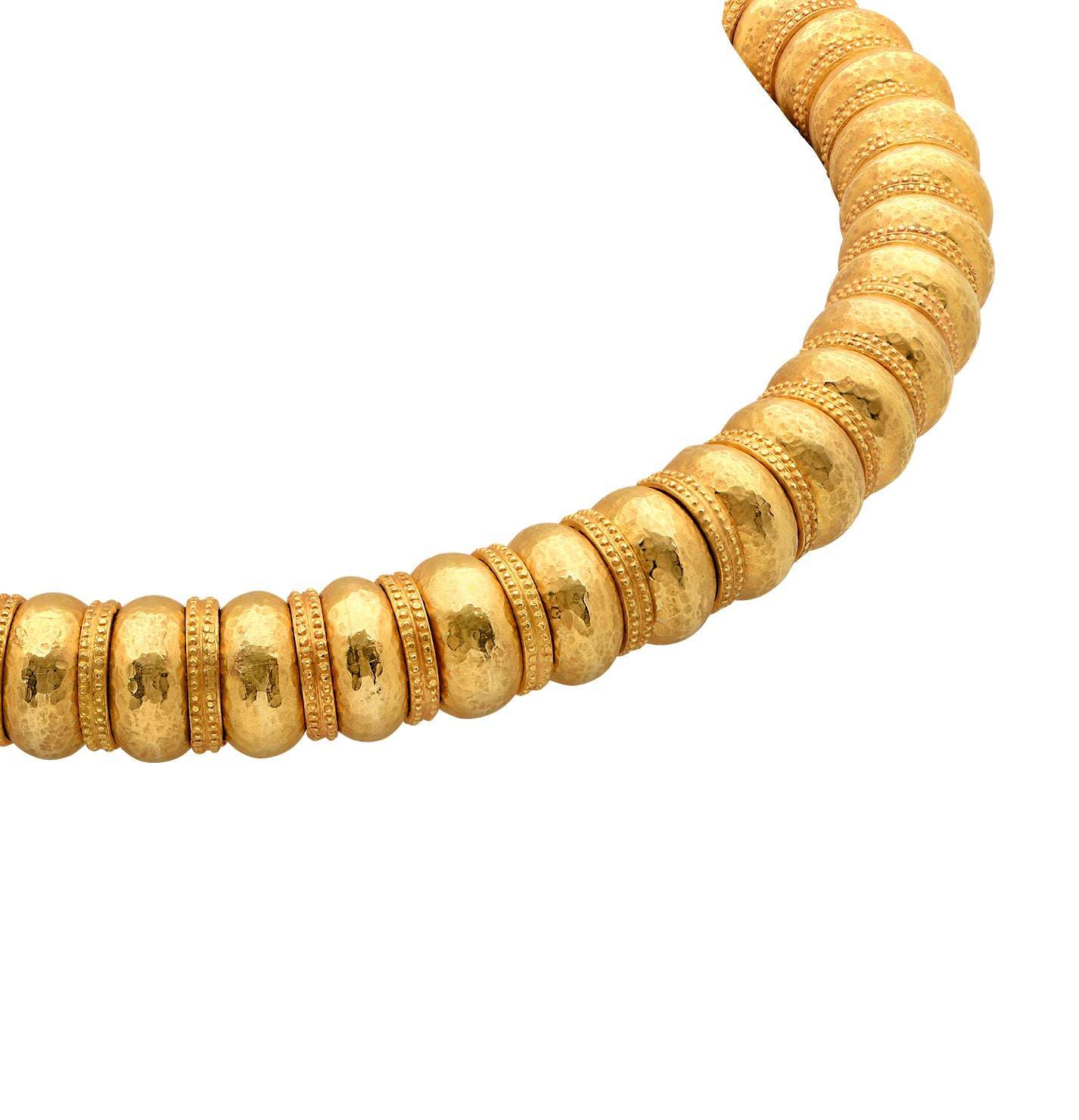 Close-up view of the Ilias Lalaounis 18K Yellow Gold Bead Necklace, highlighting the luxurious texture and craftsmanship, presented by Vivid Diamonds.