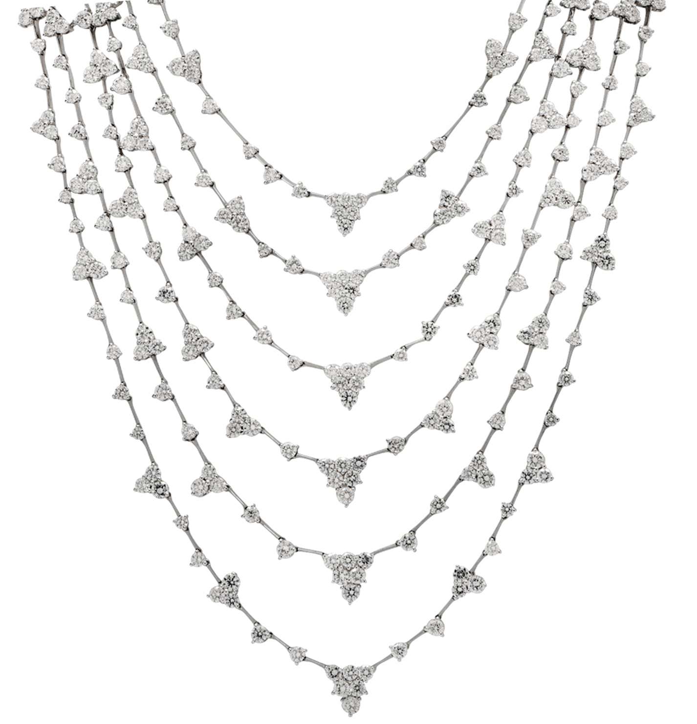 35 Carat Multi-Strand Diamond Necklace in 18K White Gold by Vivid Diamonds, featuring a cascading layered design with 388 brilliant-cut diamonds that enhance elegance and luxury.