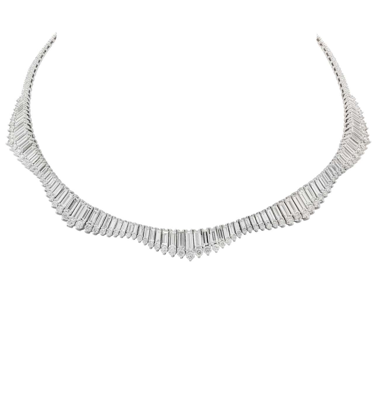 Elegant Baguette & Round Brilliant Diamond Necklace in 14K White Gold by Vivid Diamonds showcasing a sophisticated design with alternating baguette and round cut diamonds, radiating luxury and elegance.
