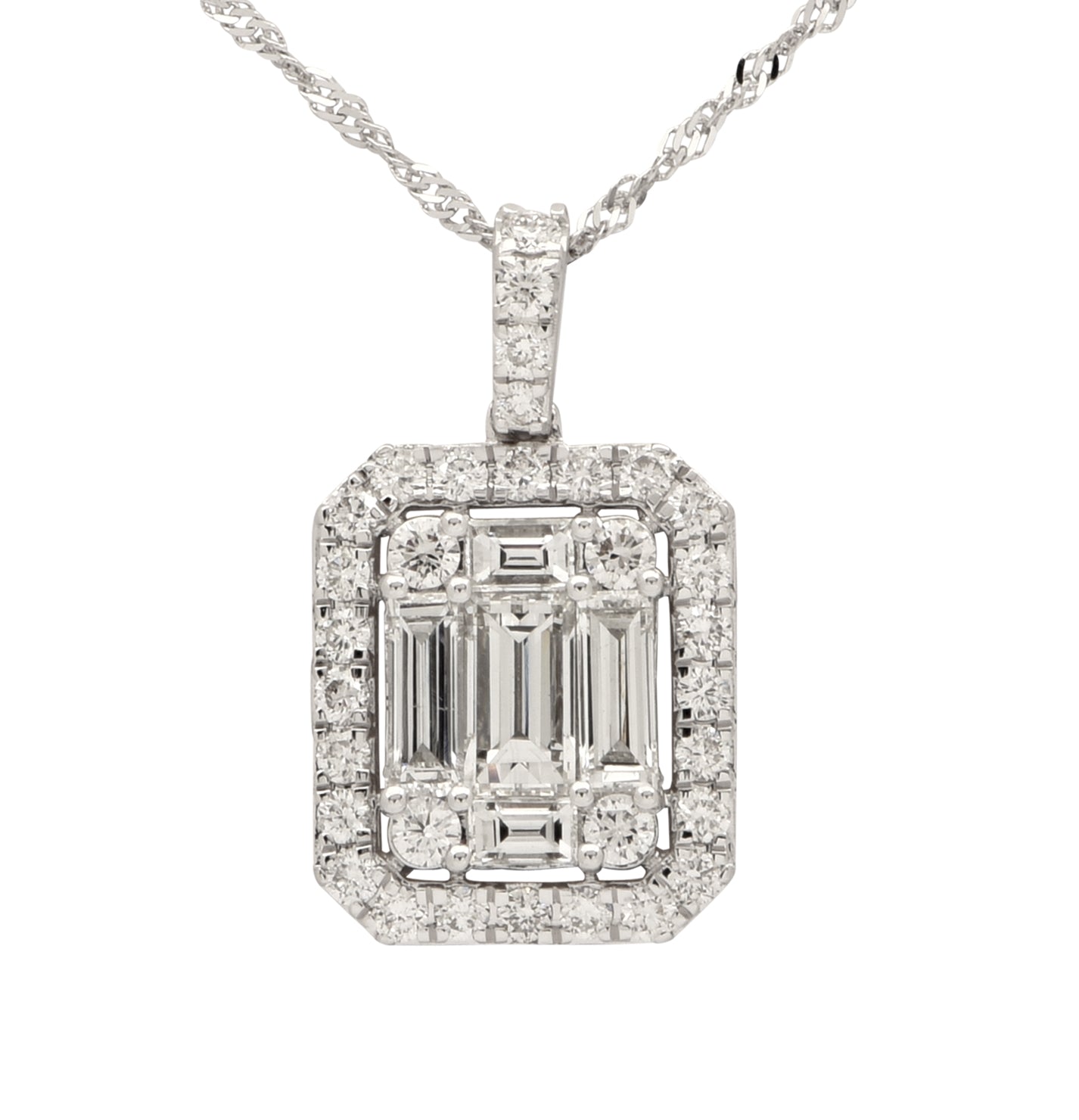 Stunning Diamond Pendant Necklace by Vivid Diamonds, featuring a radiant design with baguette and round-cut diamonds set in 14K white gold, showcasing timeless elegance and sophisticated craftsmanship.