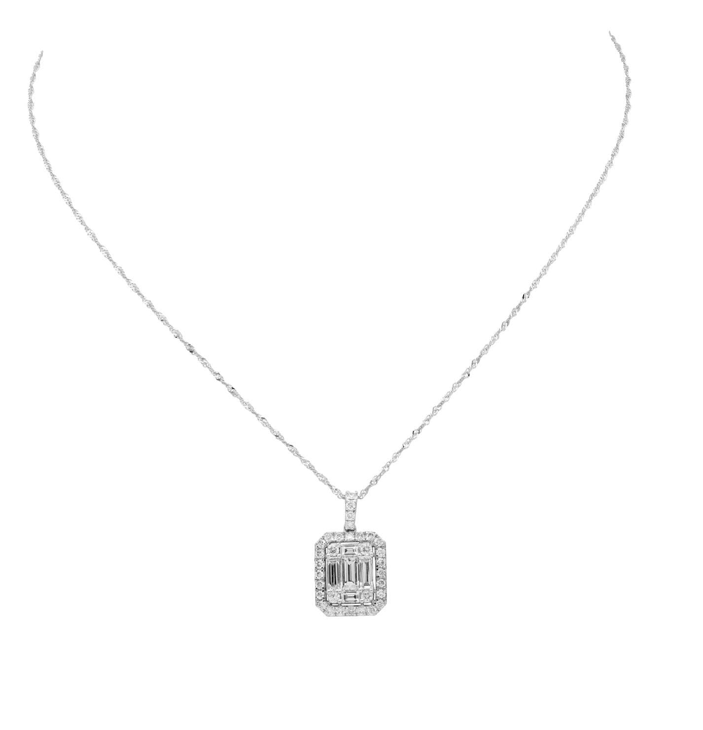 Elegant 14K White Gold Diamond Pendant Necklace by Vivid Diamonds, featuring a stunning 1.85-carat diamond ensemble and a sophisticated geometric design.