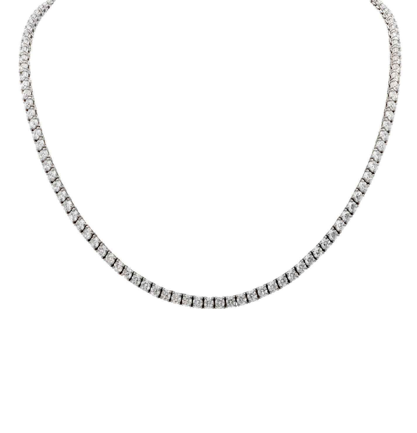 Luxurious 14K White Gold 12.18ct Diamond Riviere Necklace featuring 125 Round Brilliant Diamonds by Vivid Diamonds, showcasing an exquisite design that epitomizes elegance.