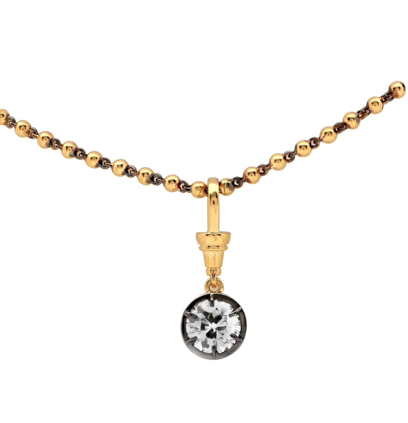 Elegant Golden Solitaire necklace featuring a 1.70ct European Cut Diamond, crafted by Vivid Diamonds, showcasing timeless beauty and sophistication.
