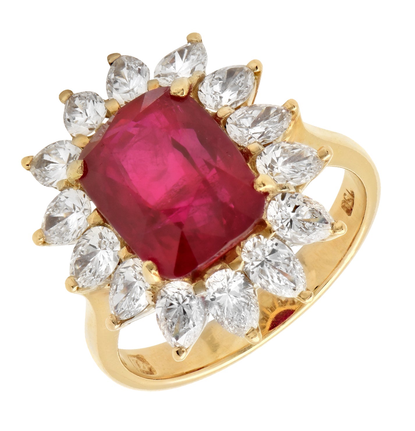 Stunning 6ct AGL Certified Cushion-Cut Ruby & Diamond Ring in 18K Yellow Gold by Vivid Diamonds, featuring a vibrant cushion-cut ruby surrounded by sparkling pear-shaped diamonds in an elegant halo design.