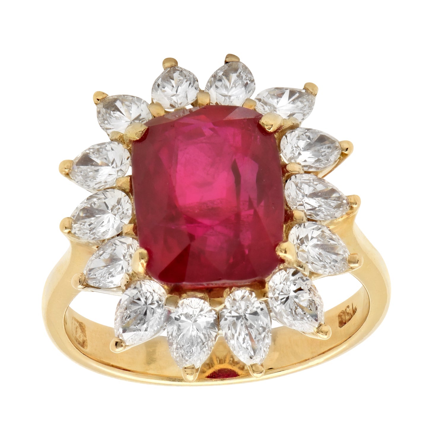 Exquisite 6ct AGL Certified Cushion-Cut Ruby & Diamond Ring in 18K Yellow Gold from Vivid Diamonds, showcasing a rich ruby centerpiece encircled by brilliant pear-shaped diamonds, perfect for a sophisticated statement.