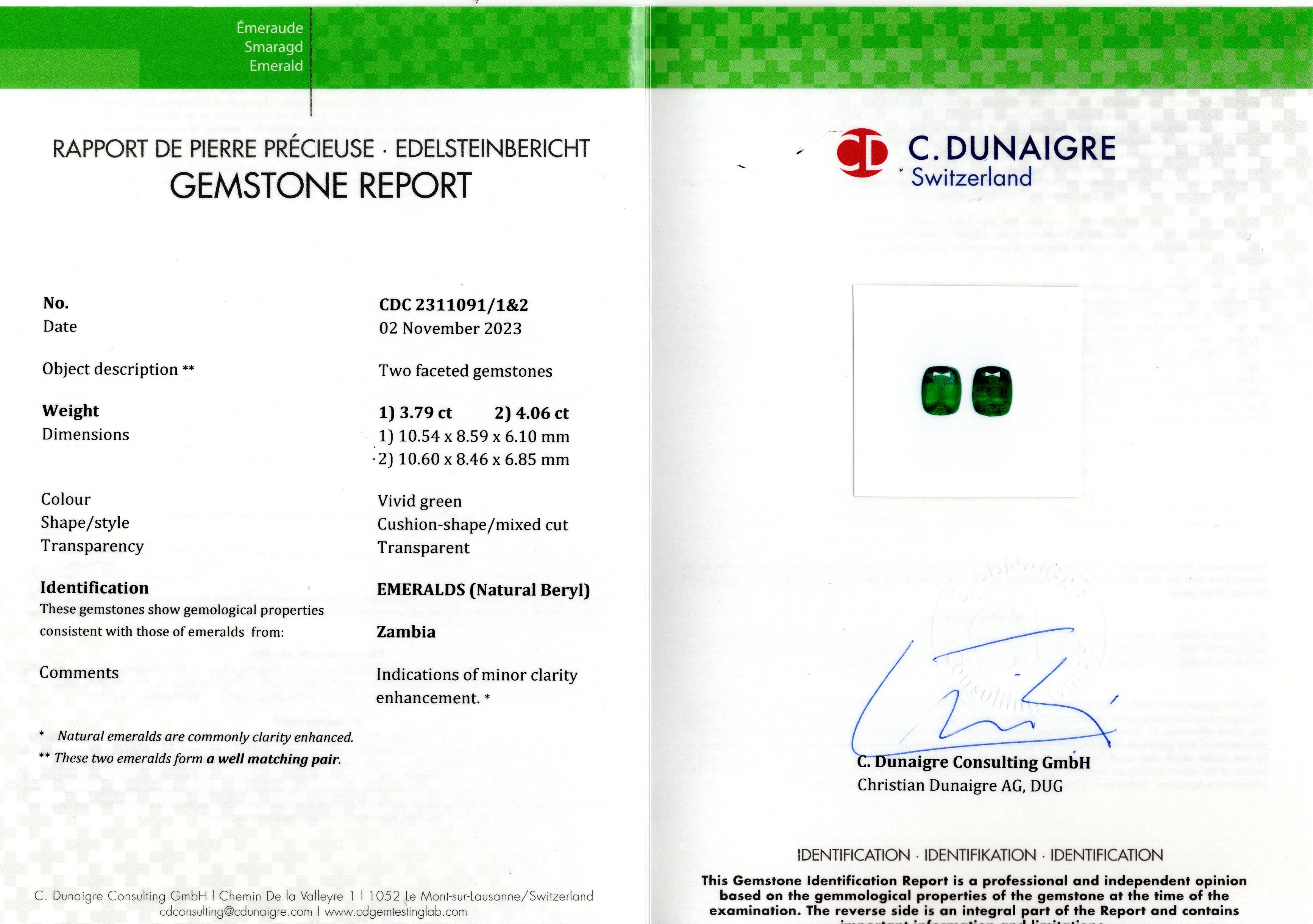 Certificate of authenticity for emerald gemstones, confirming quality and origin, associated with stunning 18K white gold earrings by Vivid Diamonds.