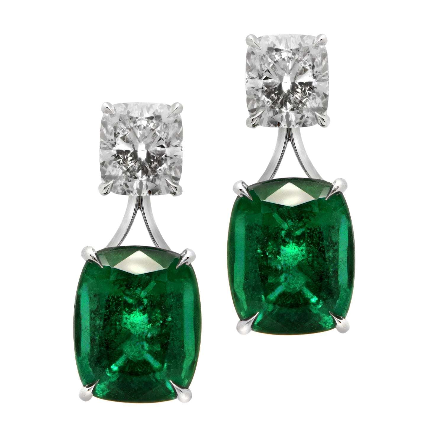 Luxurious 18K white gold dangle earrings featuring vibrant emeralds and brilliant cushion-cut diamonds by Vivid Diamonds, total weight 11.93ct.