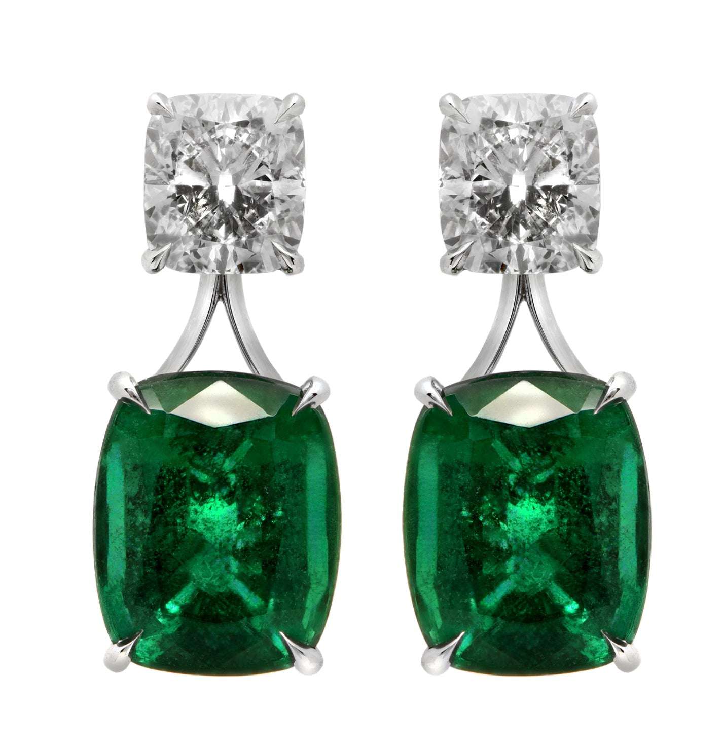 Elegant 18K white gold emerald and diamond dangle earrings showcasing cushion-cut stones, crafted by Vivid Diamonds, total weight 11.93ct.