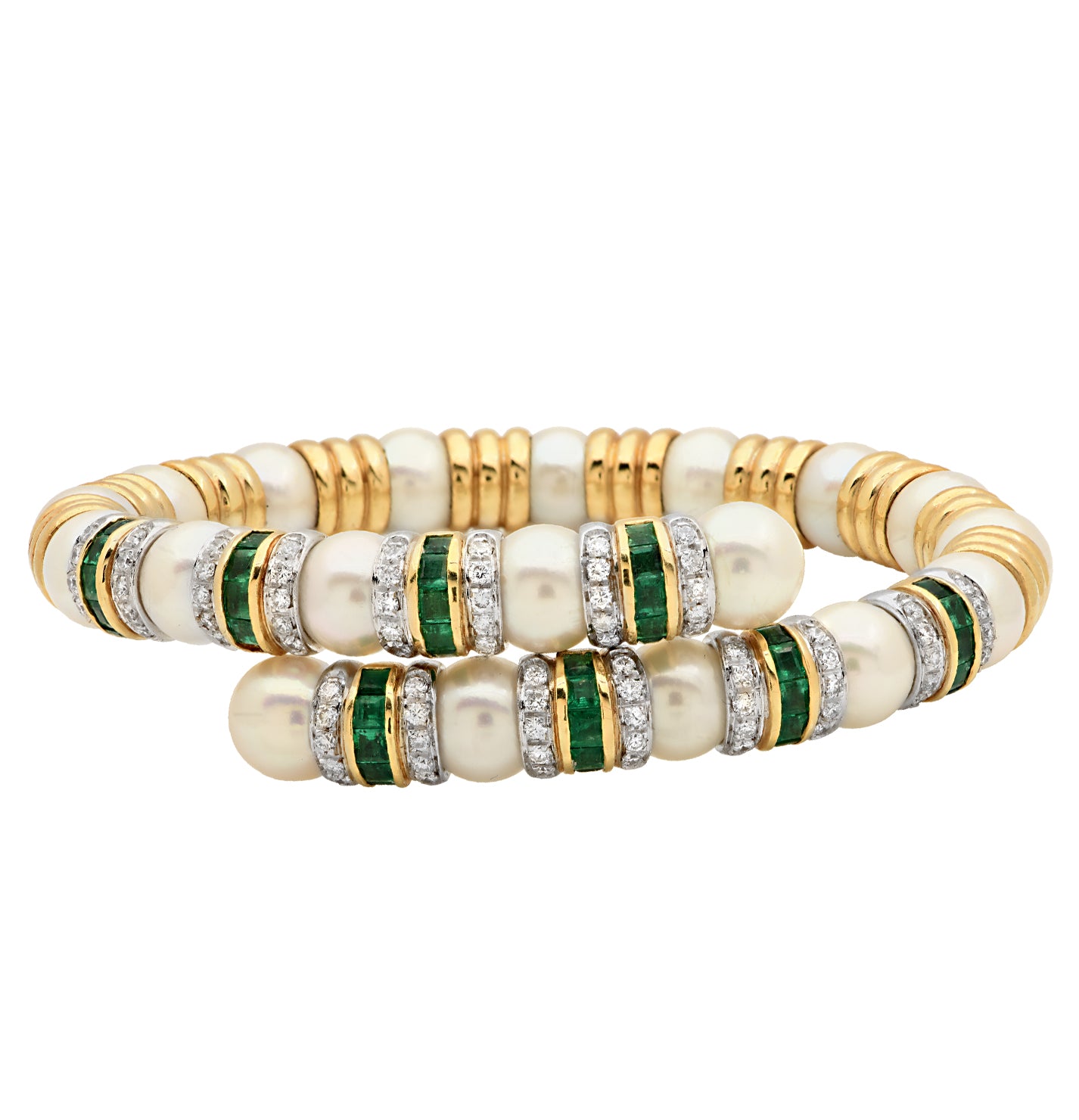 Diamond, Emerald, and Pearl Bangle in 18K Yellow Gold – V49014
