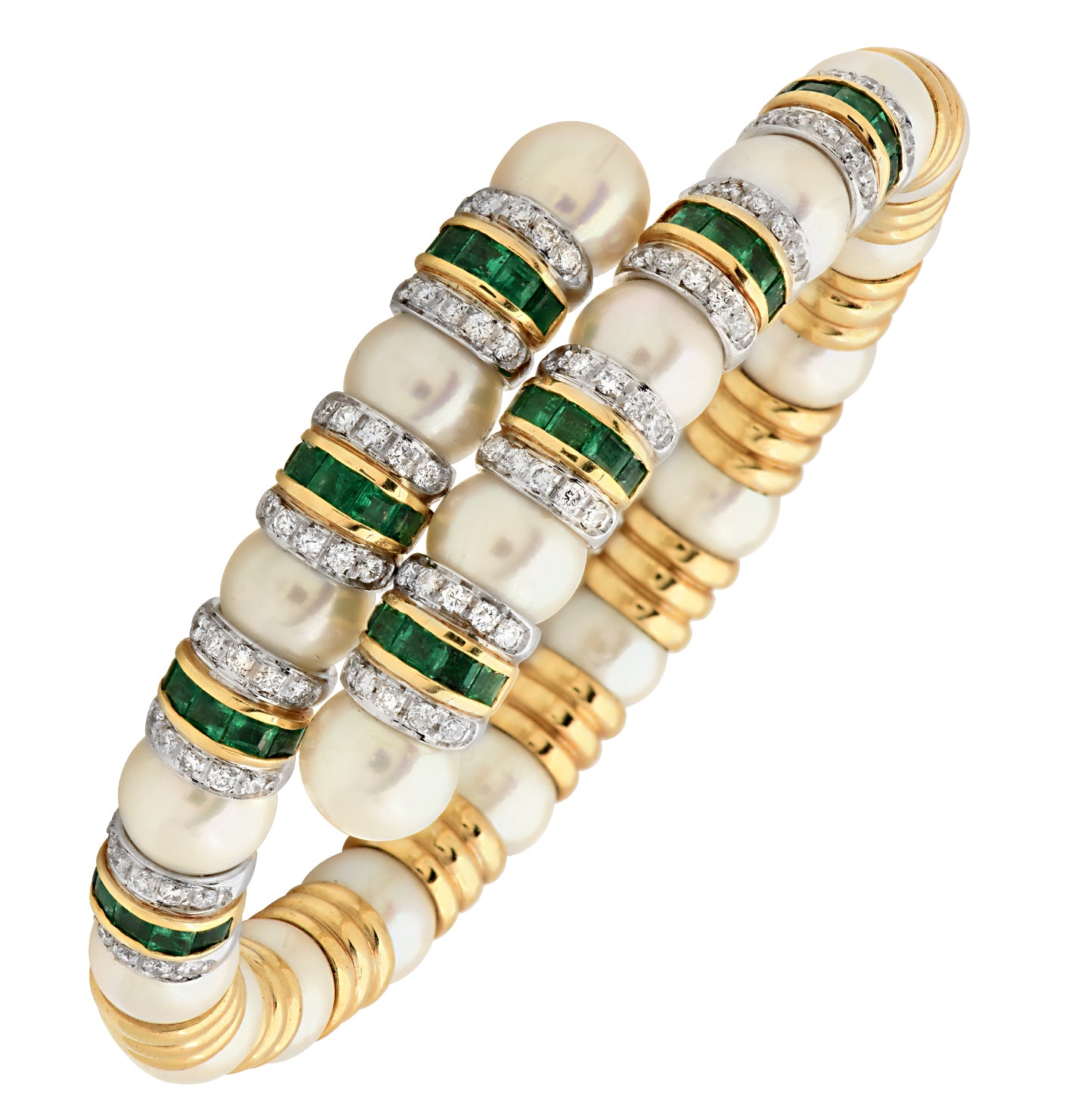 Diamond, Emerald, and Pearl Bangle in 18K Yellow Gold – V49014