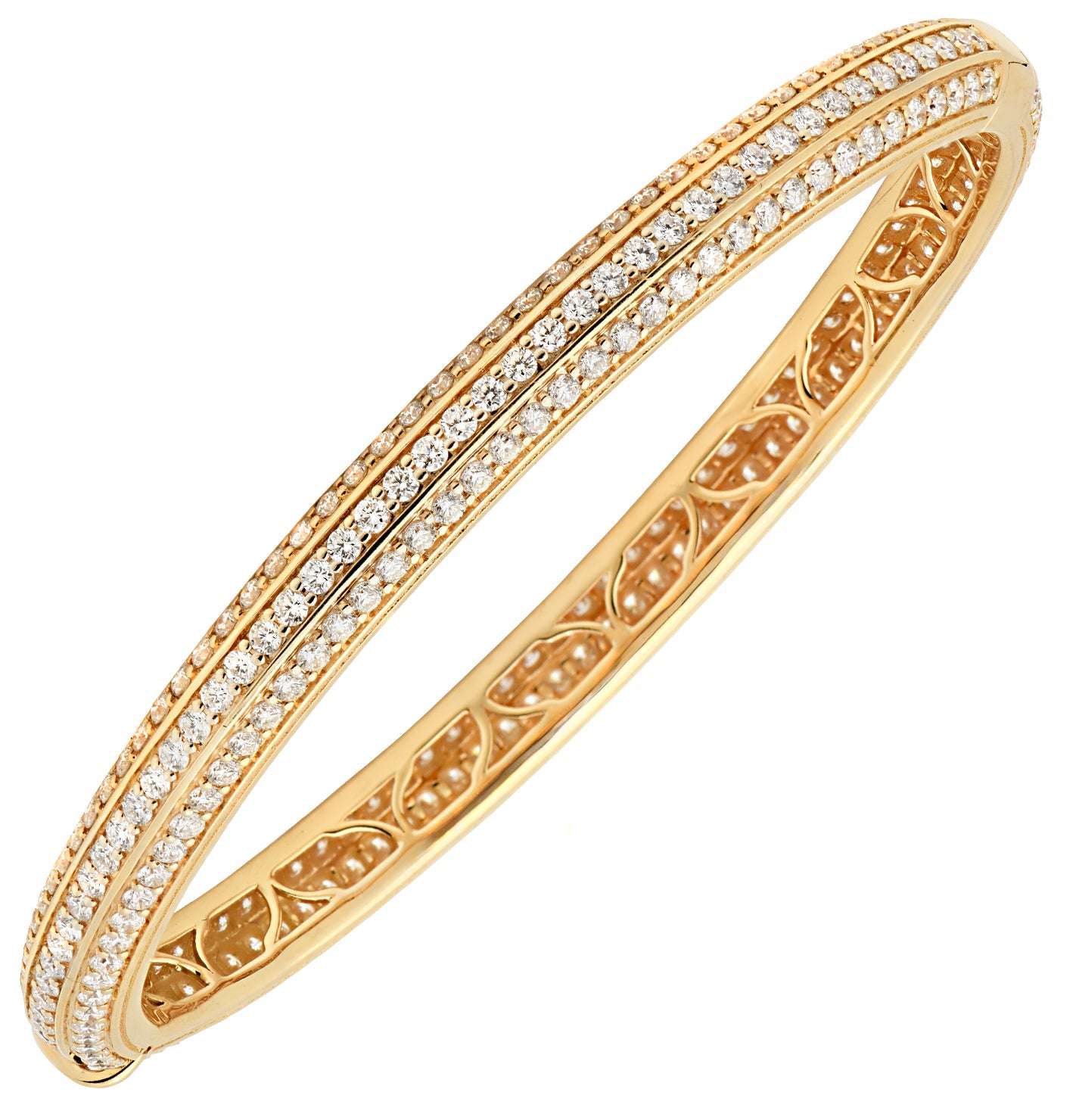 Exquisite 18K Yellow Gold Diamond Bangle from Vivid Diamonds featuring 294 round brilliant-cut diamonds totaling 4.20 carats, showcasing a stunning double-row design for a luxurious look.