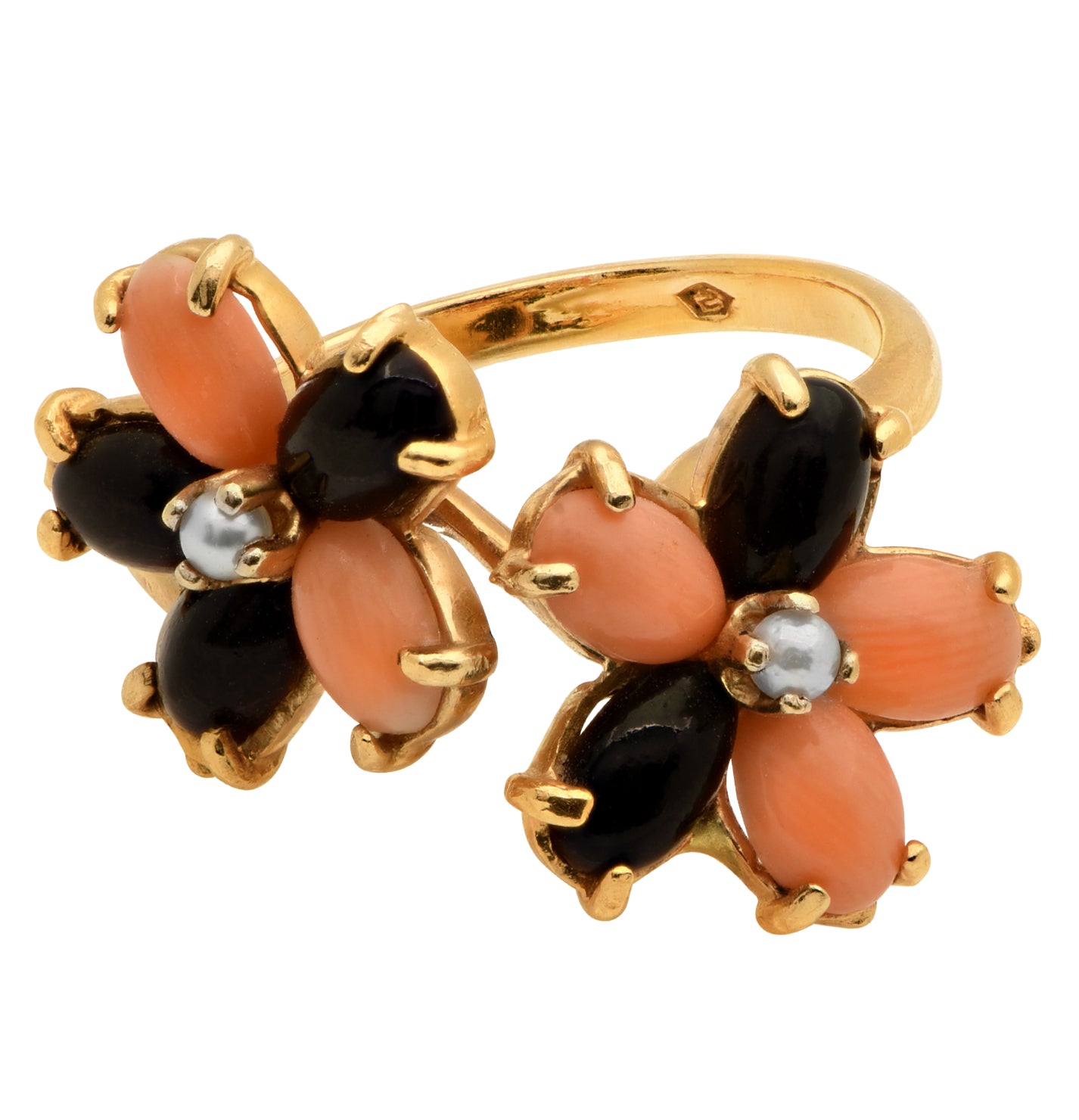 14K Yellow Gold Coral and Onyx Floral Ring – V49117