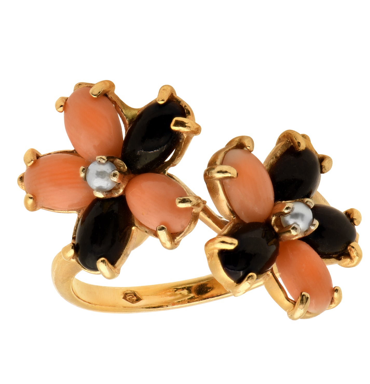 14K Yellow Gold Coral and Onyx Floral Ring – V49117