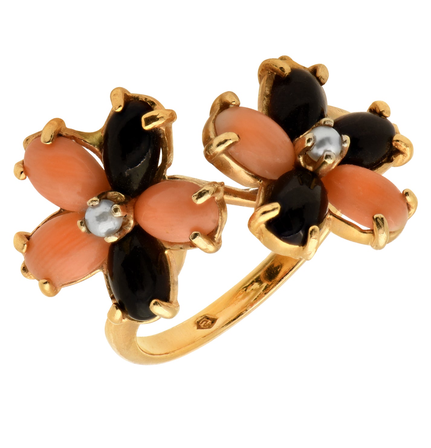 14K Yellow Gold Coral and Onyx Floral Ring – V49117