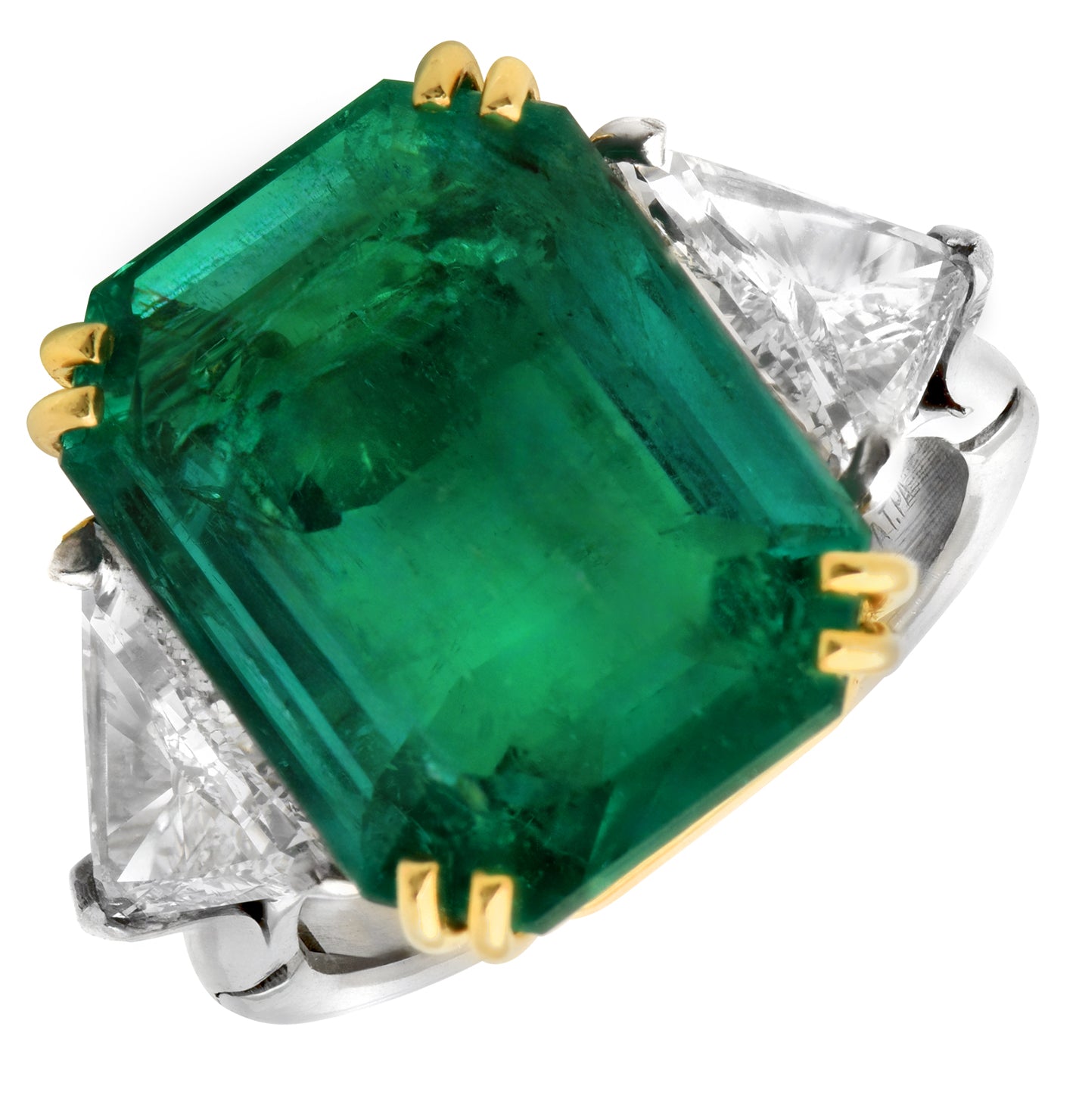 Stunning 10.14Ct Vivid Green Emerald & 2Ct Trillion Diamond Ring in Platinum & 18K Yellow Gold by Vivid Diamonds, showcasing a vibrant emerald center flanked by sparkling trillion-cut diamonds.
