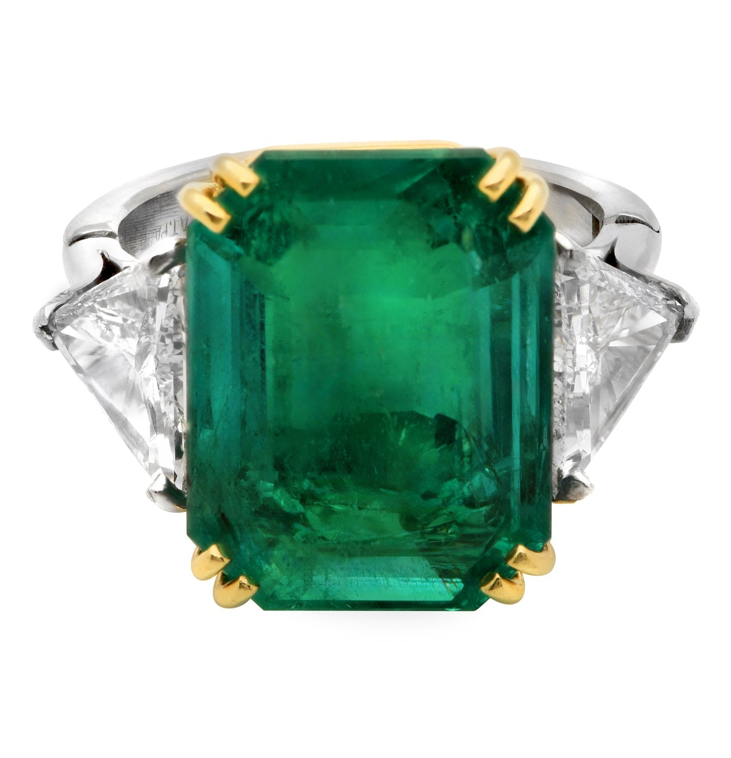 Front view of the luxurious 10.14Ct Vivid Green Emerald & 2Ct Trillion Diamond Ring in Platinum & 18K Yellow Gold by Vivid Diamonds, featuring a mesmerizing emerald and brilliant trillion diamonds.