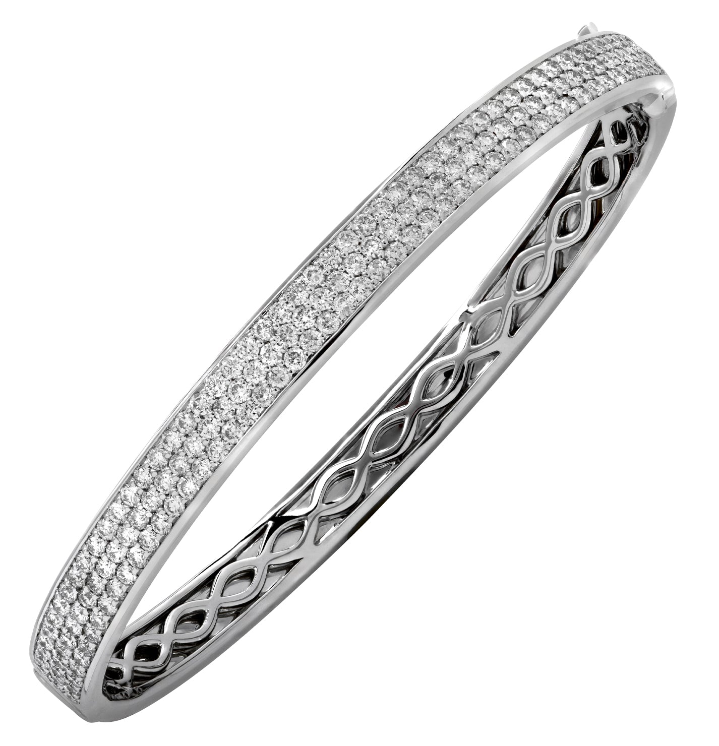 Luxurious VIVID 18K White Gold Diamond Bangle with 290 round brilliant-cut diamonds, showcasing 4.59 carats of dazzling brilliance. A statement piece from Vivid Diamonds, perfect for any sophisticated setting.