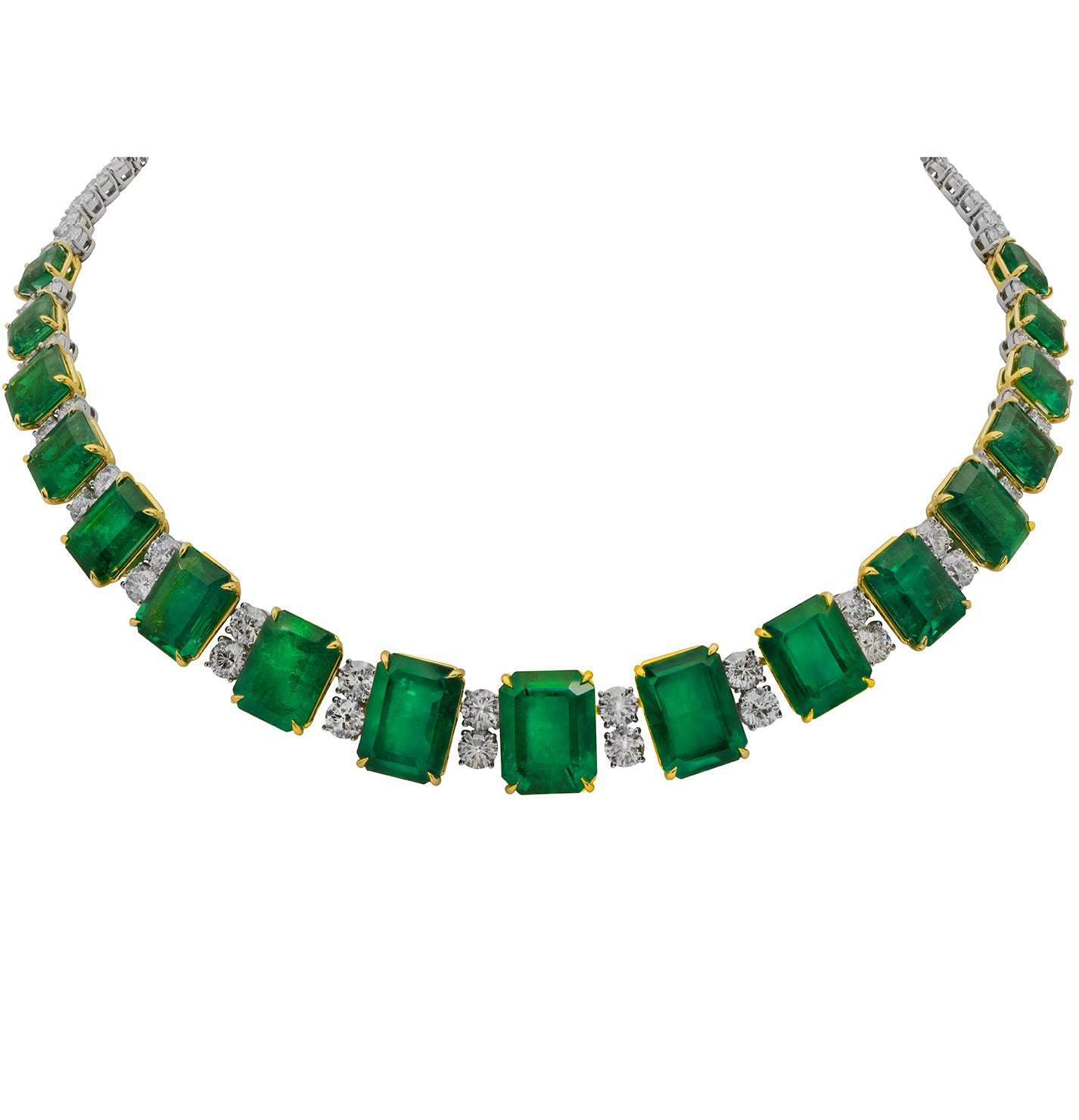 A stunning 103.32 Carat Emerald and Diamond Necklace in Platinum by Vivid Diamonds, featuring a sequence of emerald-cut emeralds and brilliant diamonds, showcasing a luxurious and timeless design.