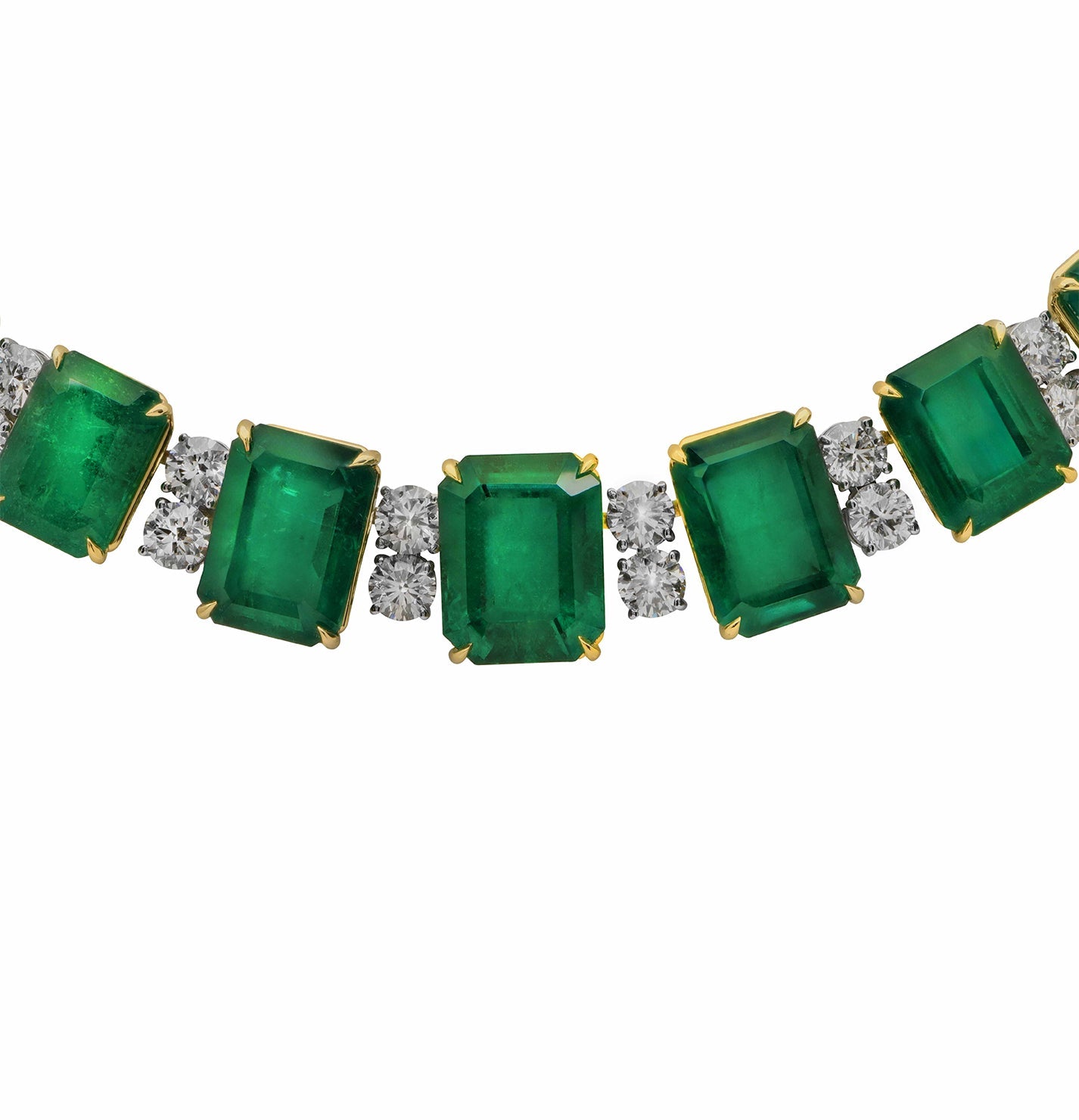 Close-up of the exquisite 103.32 Carat Emerald and Diamond Necklace in Platinum by Vivid Diamonds, highlighting the rich emerald-cut emeralds paired with brilliant diamonds.