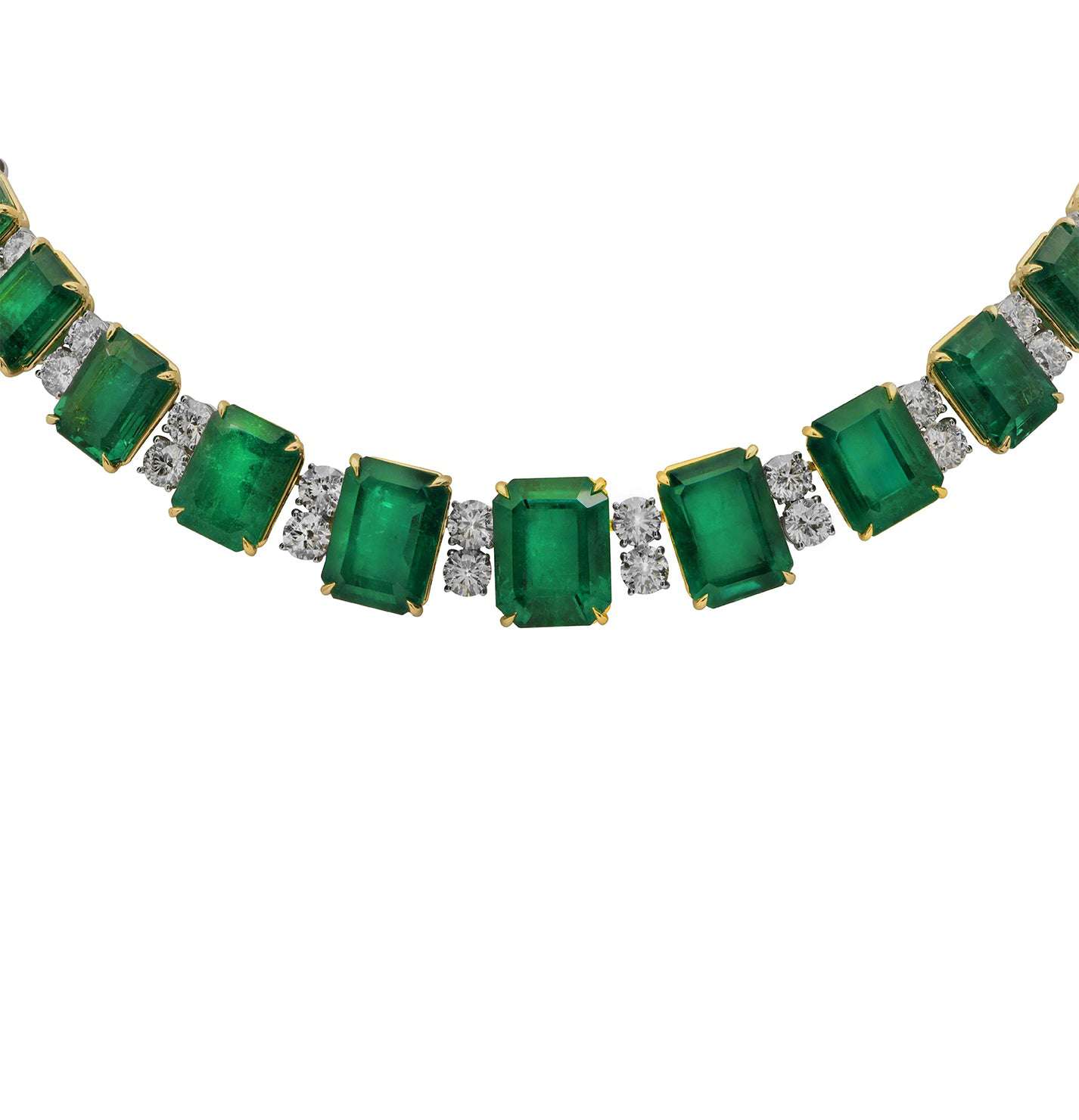 Detailed view of the captivating 103.32 Carat Emerald and Diamond Necklace in Platinum by Vivid Diamonds, emphasizing the perfect arrangement of emeralds and diamonds.