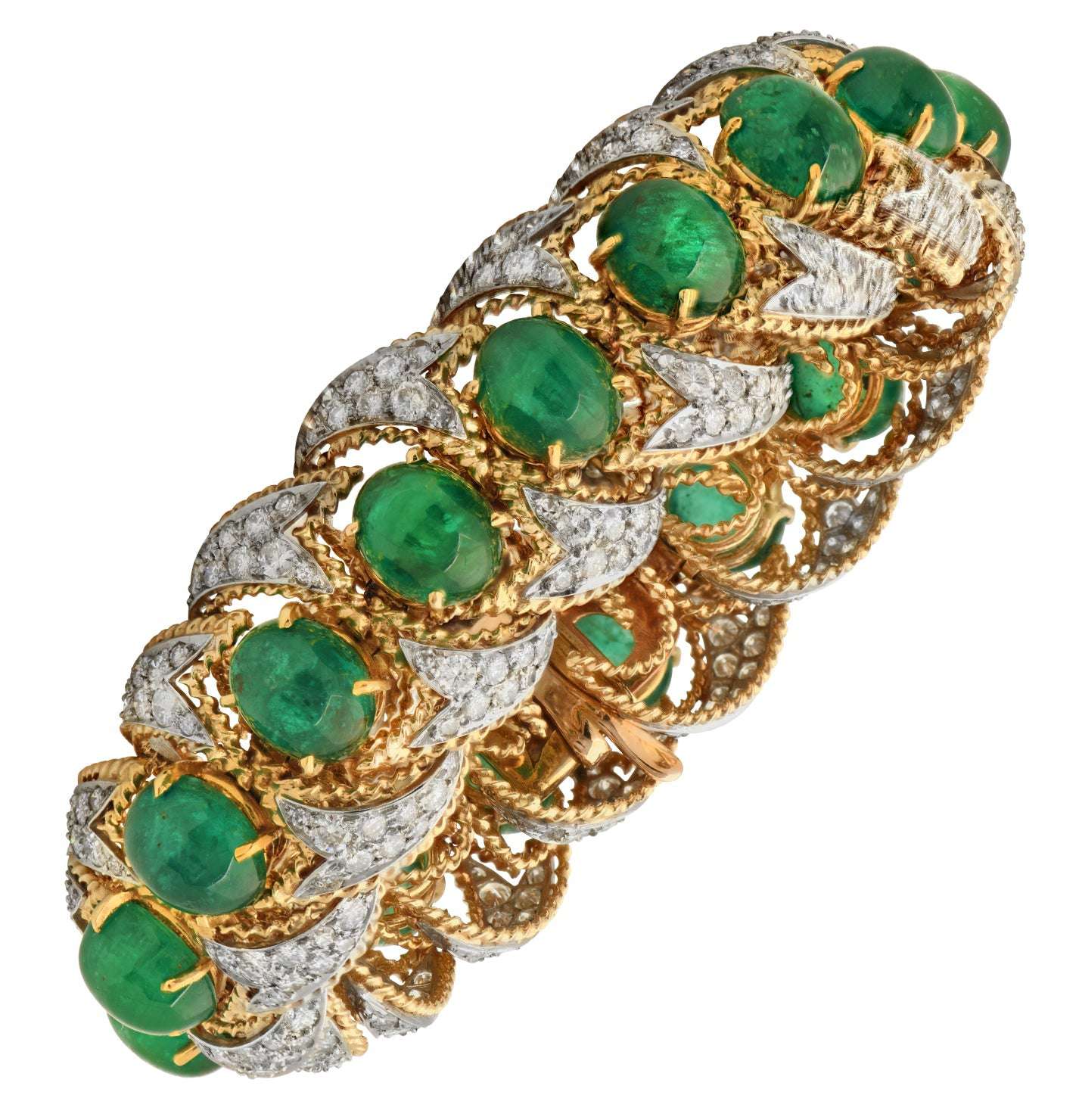Luxurious 50 Carat Emerald and Diamond Bracelet by Vivid Diamonds, featuring lush green cabochon-cut emeralds and sparkling round brilliant-cut diamonds set in 18k white and yellow gold.