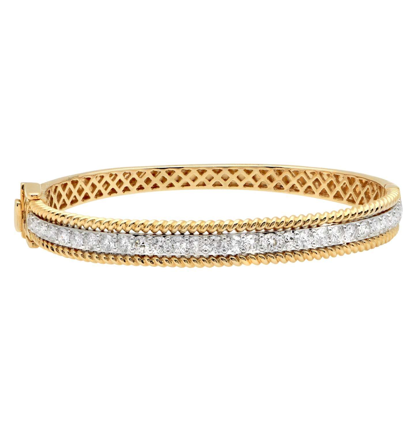 Elegant view of the 14K Yellow & White Gold 2.62 Ct Diamond Bangle with Rope Edge Design from Vivid Diamonds, highlighting the polished yellow gold and shimmering white gold inlay, complemented by a secure hidden clasp.