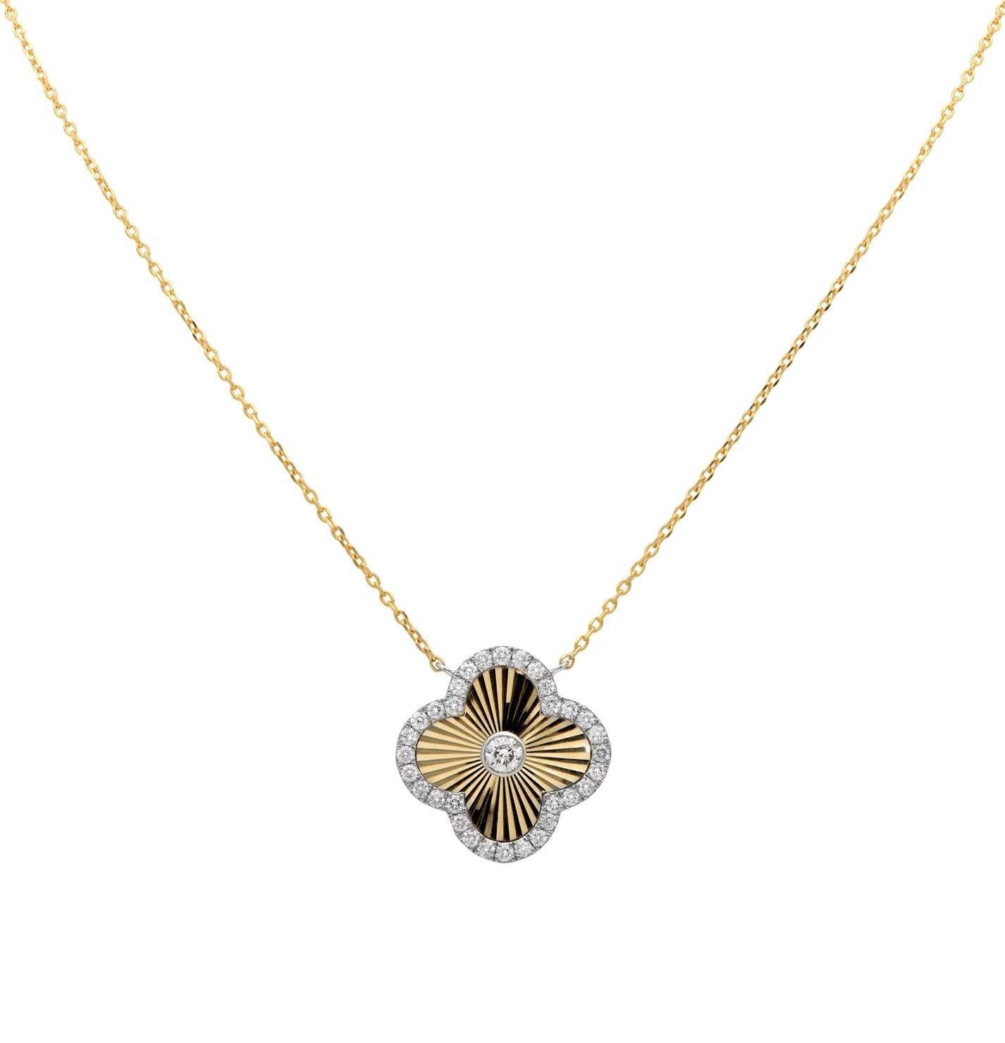 Elegant 14K White & Yellow Gold Necklace featuring a unique floral design with 33 Round Brilliant Diamonds, totaling 0.92 Carats from Vivid Diamonds, embodying luxury and sophistication.