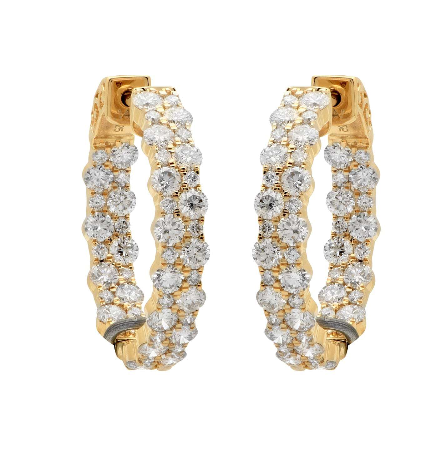Stunning 14K Yellow Gold Hoop Diamond Earrings from Vivid Diamonds, adorned with 100 round brilliant diamonds, offering a luxurious shine and opulent style.