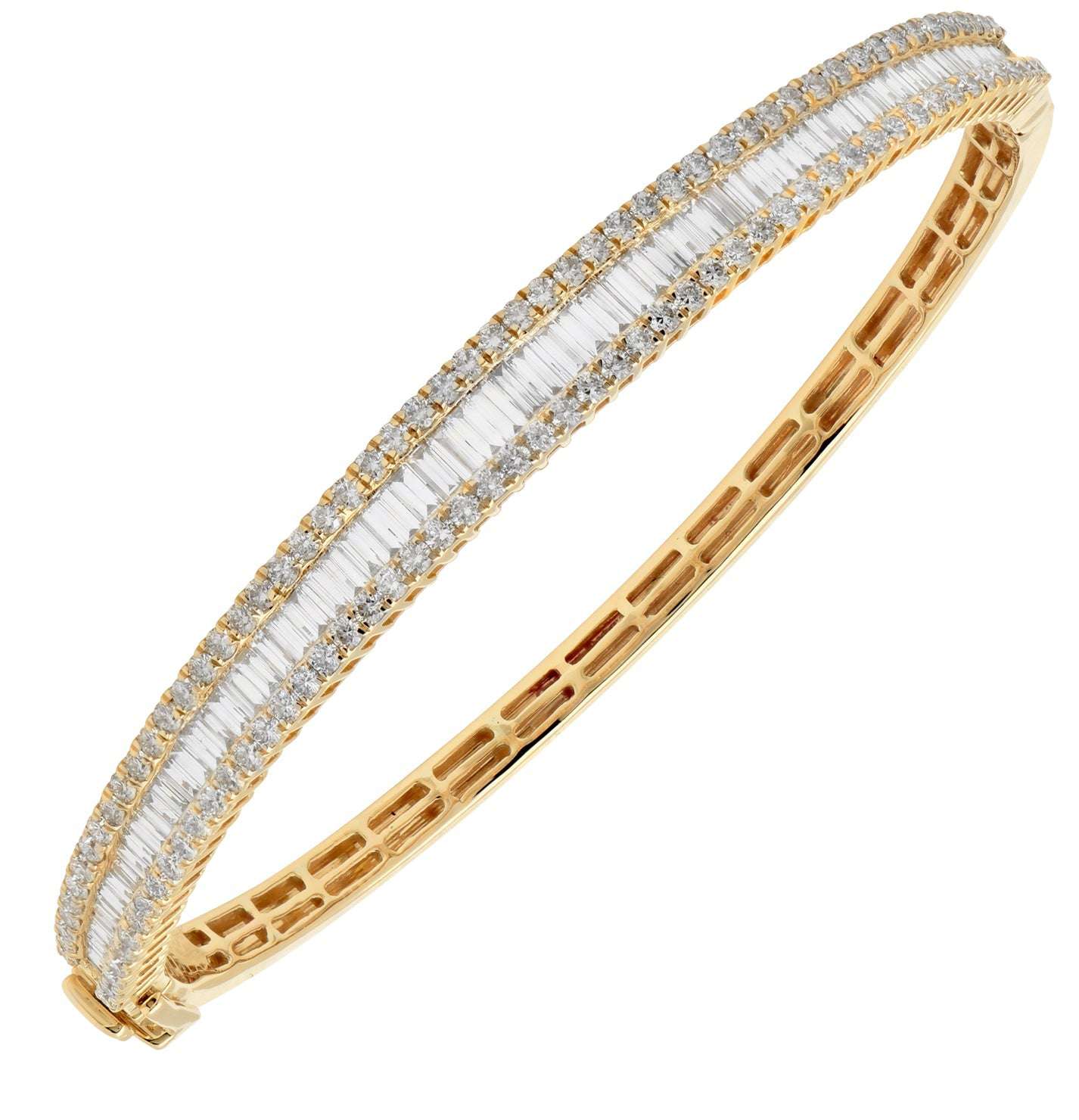 Stunning 14K Yellow Gold Diamond Bangle Bracelet by Vivid Diamonds featuring a triple-row design with round and baguette diamonds. Exquisite craftsmanship with 3.01 carats of sparkle, perfect for luxurious style.