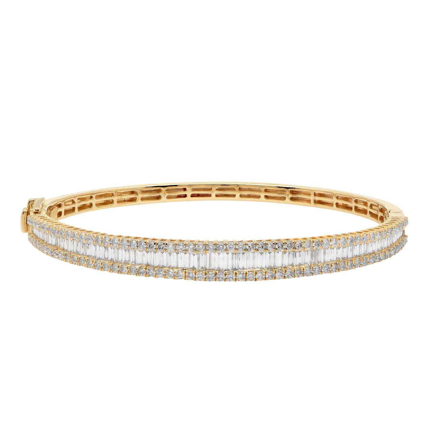 Luxurious 14K Yellow Gold Diamond Bangle Bracelet by Vivid Diamonds, featuring a dazzling combination of round and baguette diamonds. A masterpiece with a weight of 12.28 grams, perfect for any elegant occasion.