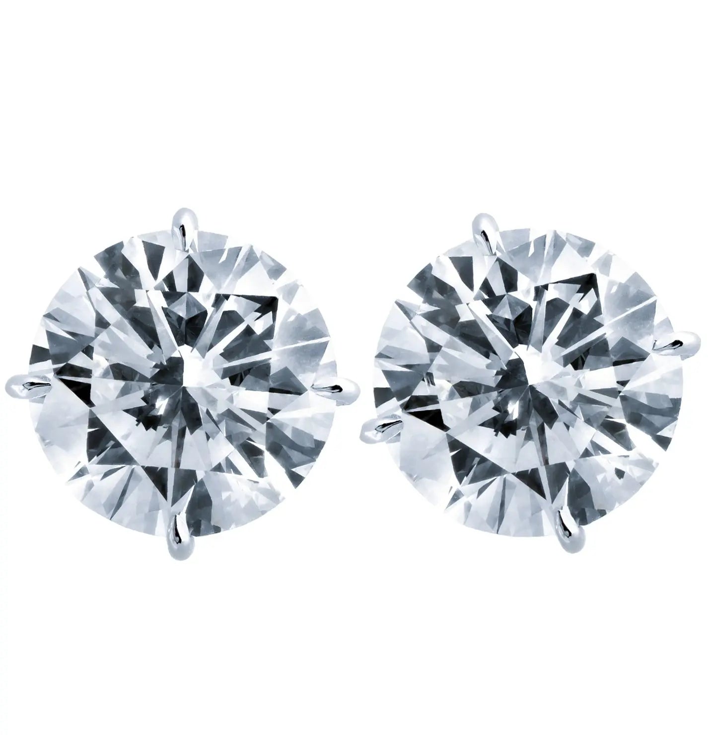 Close-up view of 10Ct Platinum Diamond Earrings by Vivid Diamonds, showcasing stunning round brilliant diamonds, highlighting their F color and SI2 clarity.