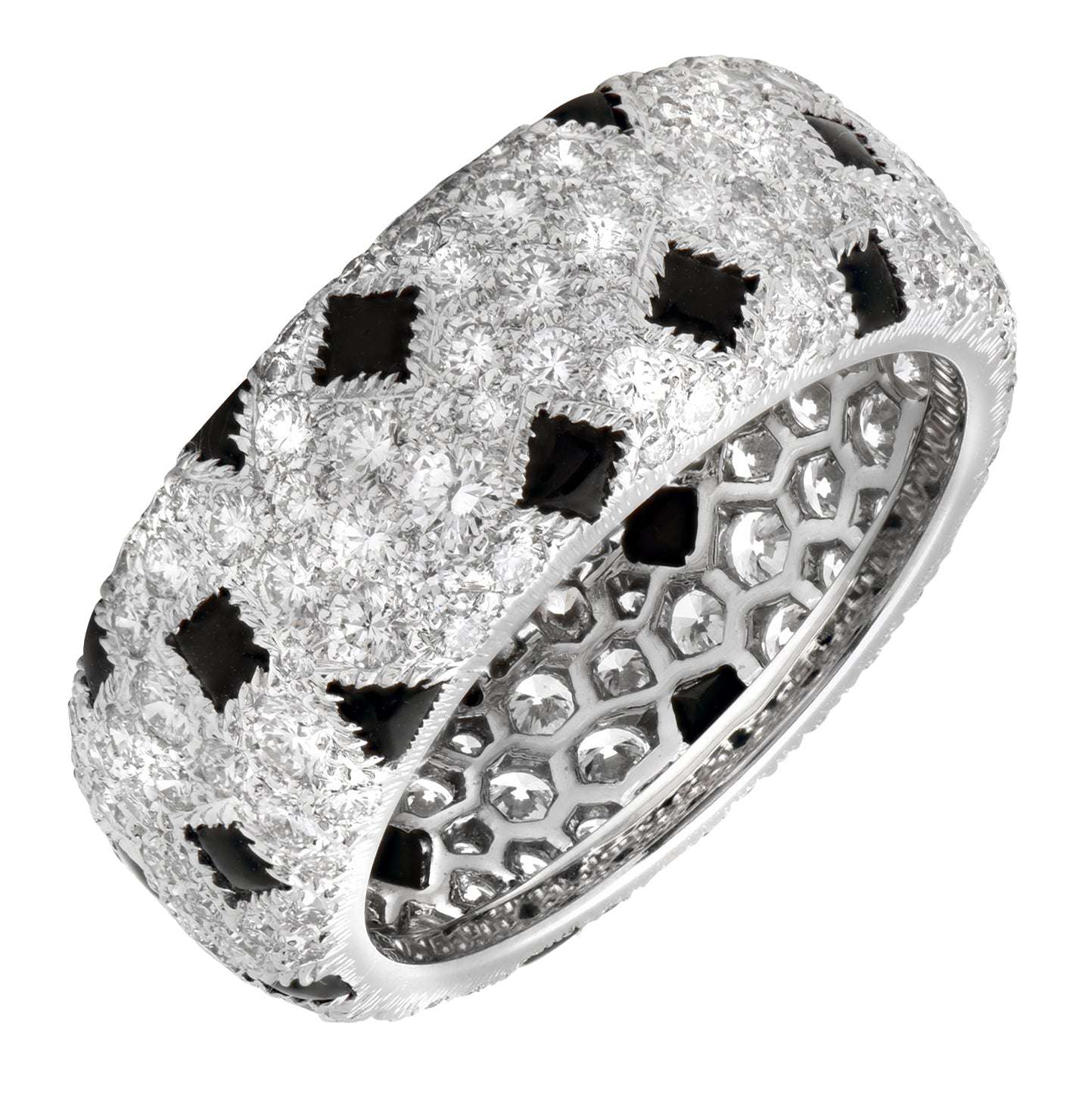 Luxurious Cartier Panthère Diamond Band in 18K white gold showcasing round brilliant diamonds and black onyx accents, presented by Vivid Diamonds.