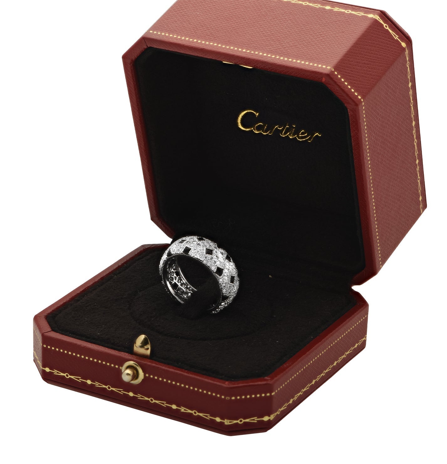 Cartier Panthère Diamond Band in 18K White Gold with Onyx Accents displayed in a luxurious red Cartier box by Vivid Diamonds.