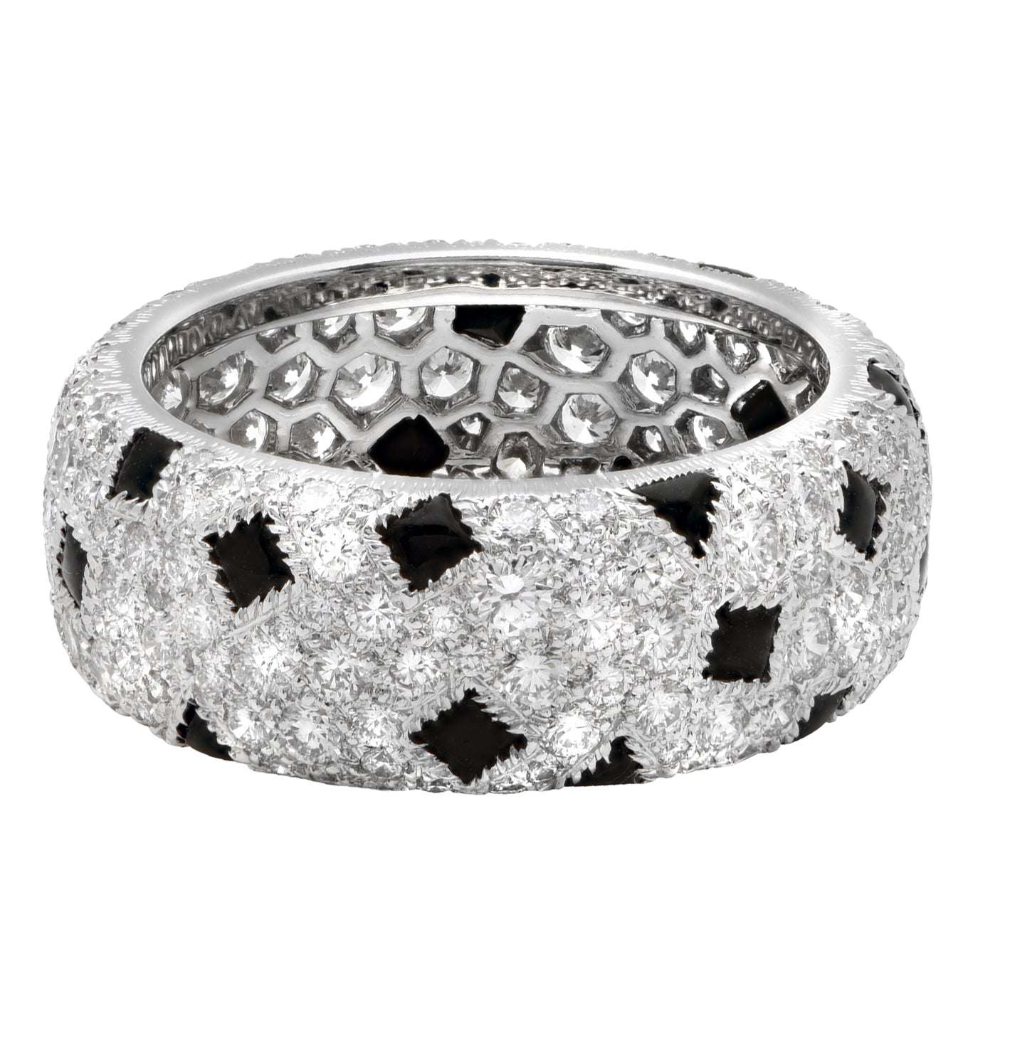Stunning view of the Cartier Panthère Diamond Band in 18K white gold, featuring exquisite diamond pavé and onyx accents, available at Vivid Diamonds.