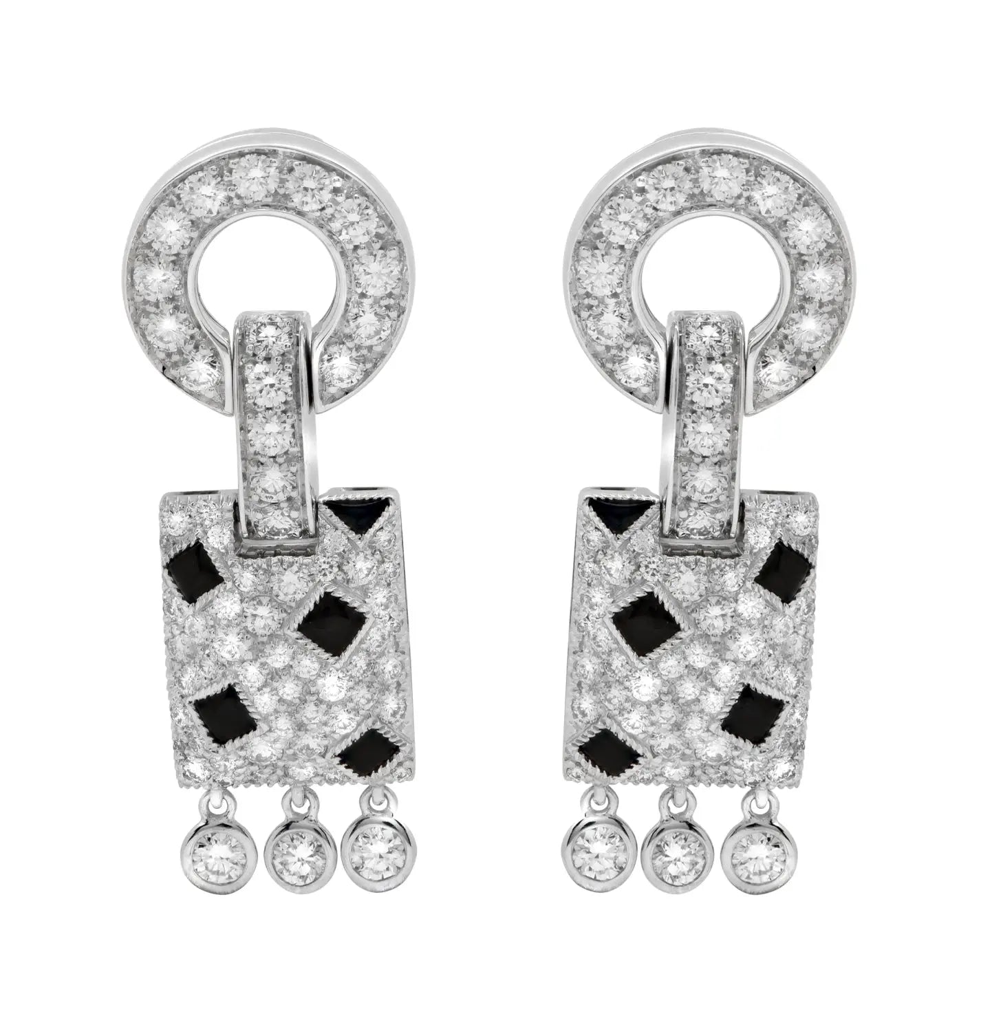 Close-up view of the Cartier Panthère 54 Earrings by Vivid Diamonds, featuring intricate design in 18K white gold adorned with brilliant-cut diamonds and striking black onyx elements.